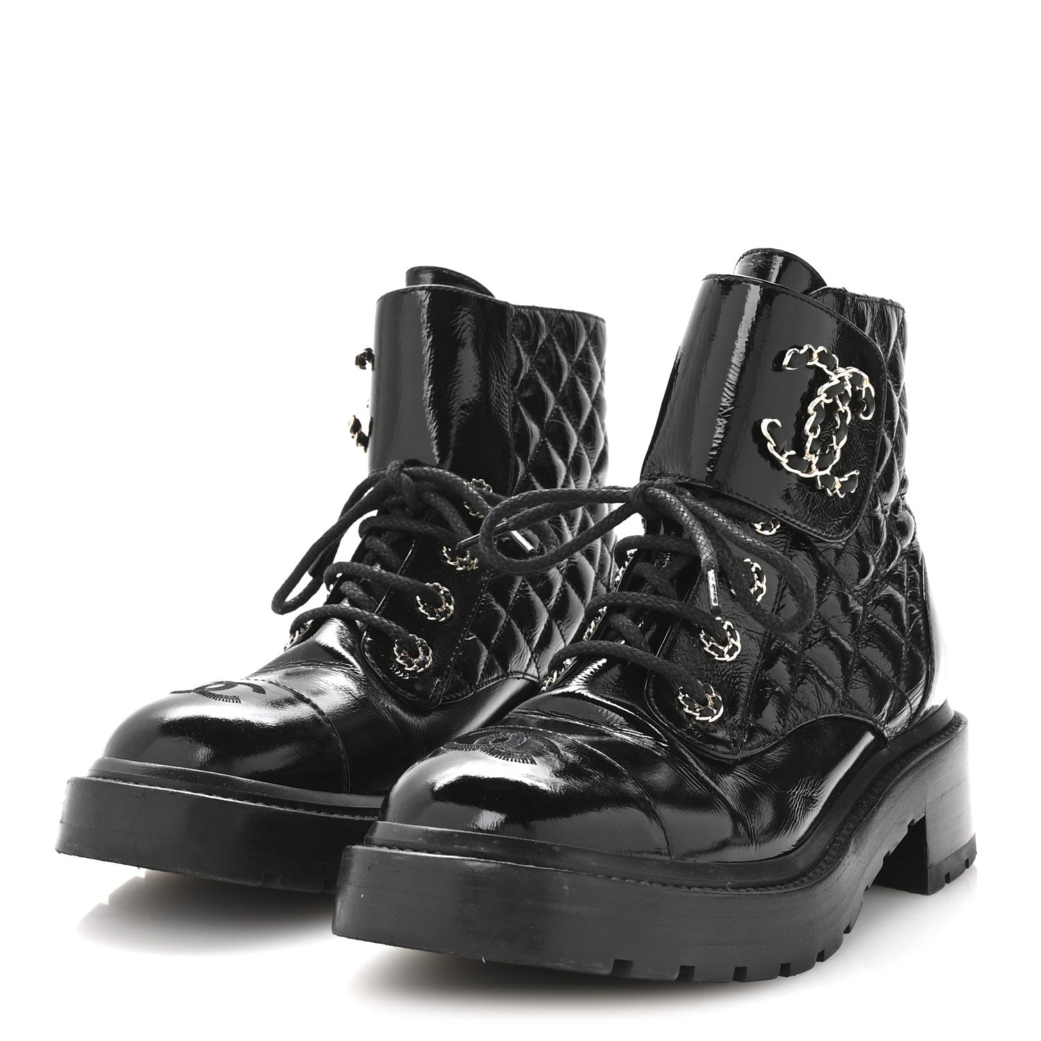 Chanel Shiny Calfskin Quilted Lace Up Combat Boots 38 Black 4 of 8