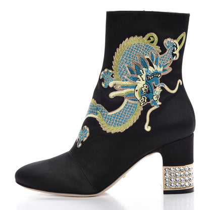 Gucci Silk Satin Malaga Kid Embroidered Candy Dragon Block-Heel Ankle Boot 37 Black 2 of 13