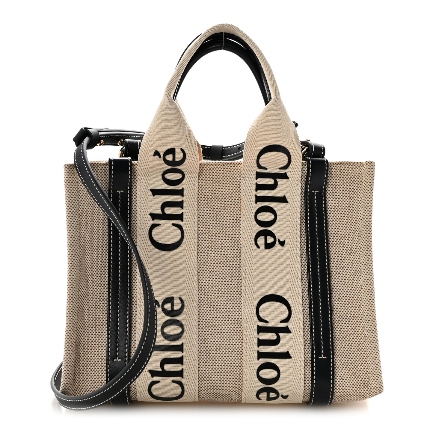Linen Calfskin Small Woody Ribbon Tote White Black