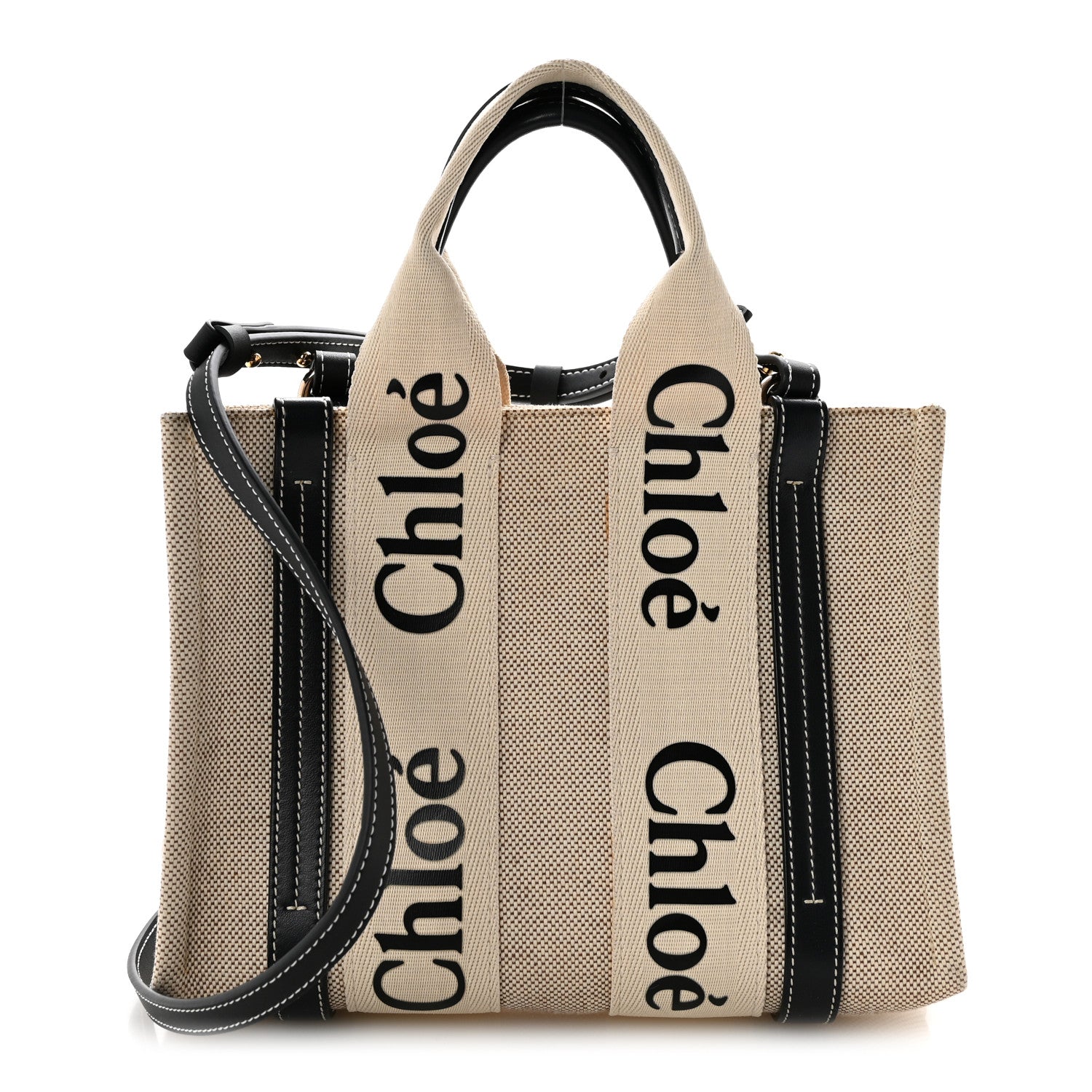 Chloe Linen Calfskin Small Woody Ribbon Tote White Black 1 of 13