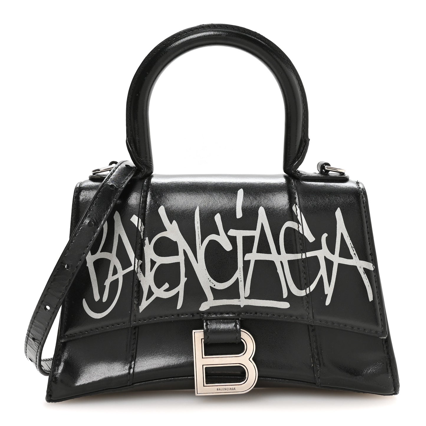 Box Calfskin Graffiti Logo Hourglass Top Handle Bag XS Black Silver