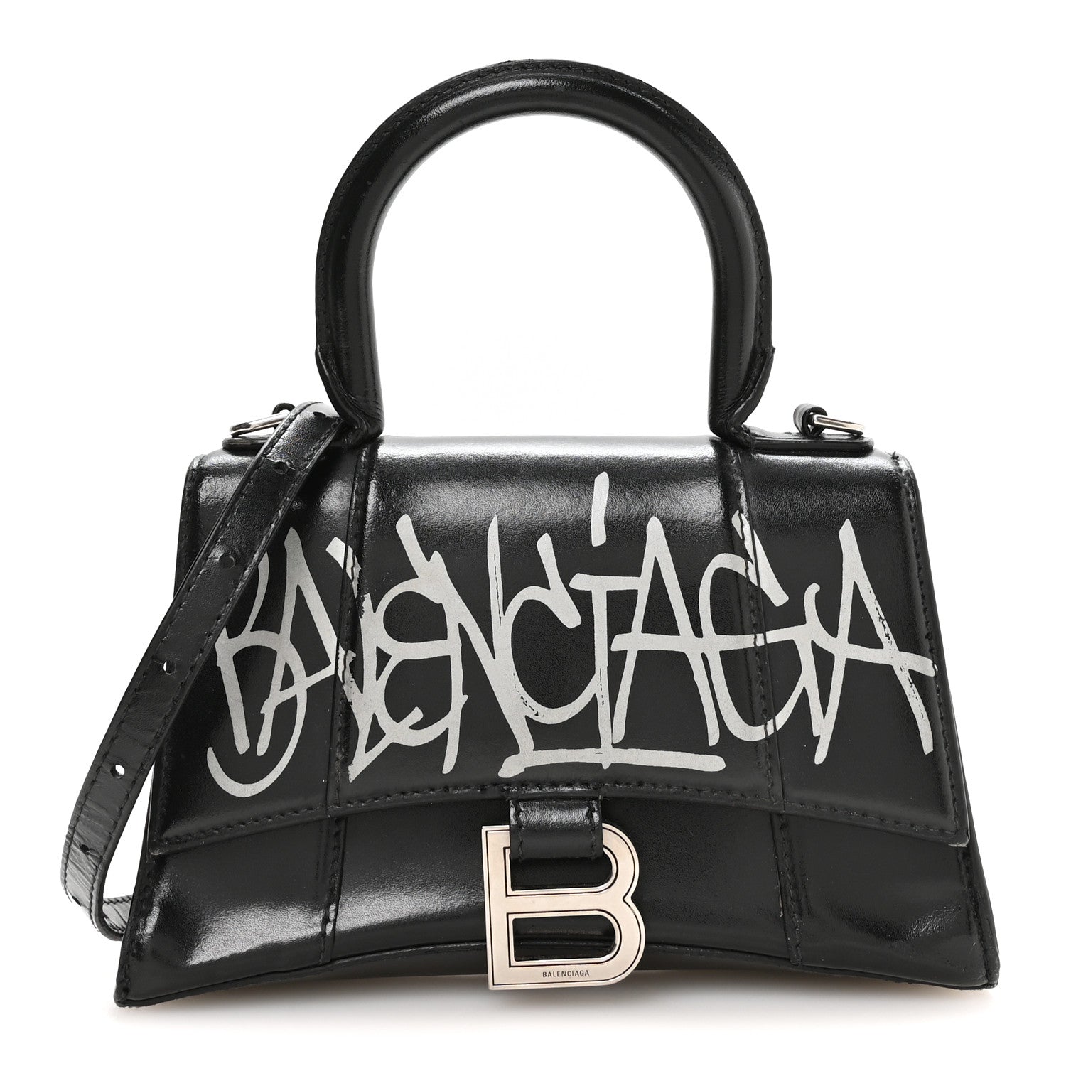 Balenciaga Box Calfskin Graffiti Logo Hourglass Top Handle Bag XS Black Silver 2 of 11
