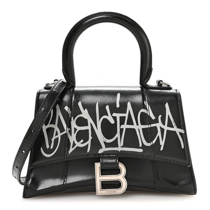 Balenciaga Box Calfskin Graffiti Logo Hourglass Top Handle Bag XS Black Silver 2 of 11