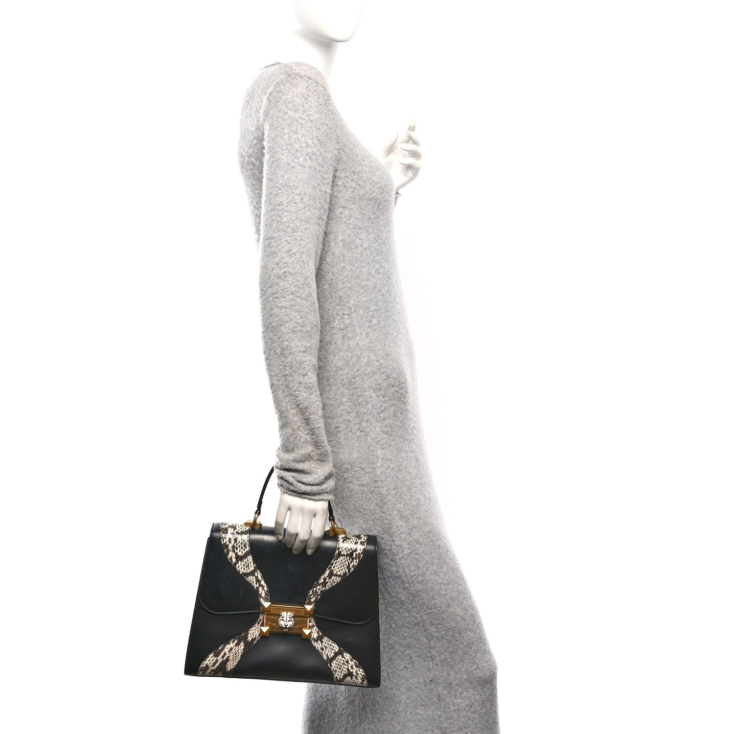 Gucci Calfskin Snakeskin GG Supreme Monogram Medium Osiride Top Handle Bag Black 2 of 10