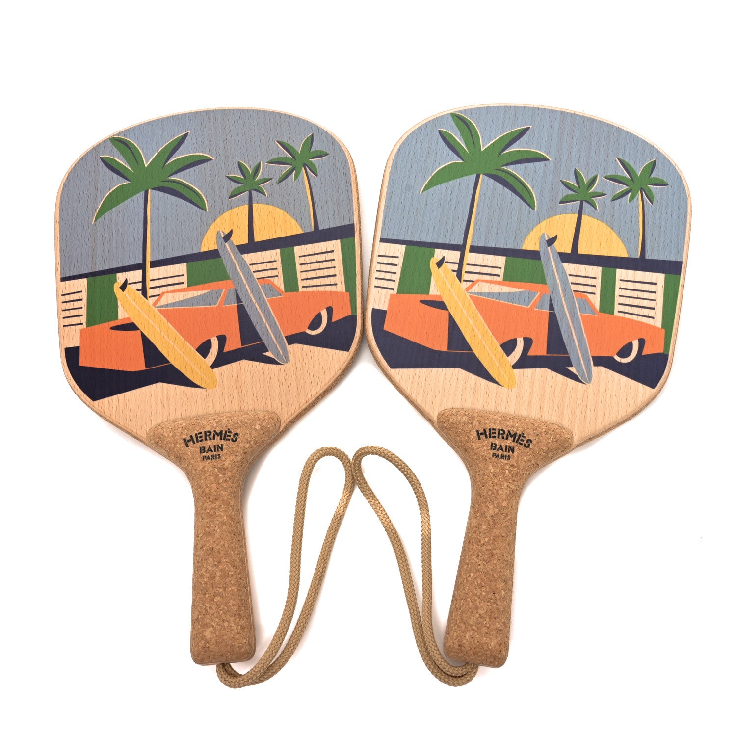 Hermes Beechwood Cork Apres La Vague Beach Racket Set Natural