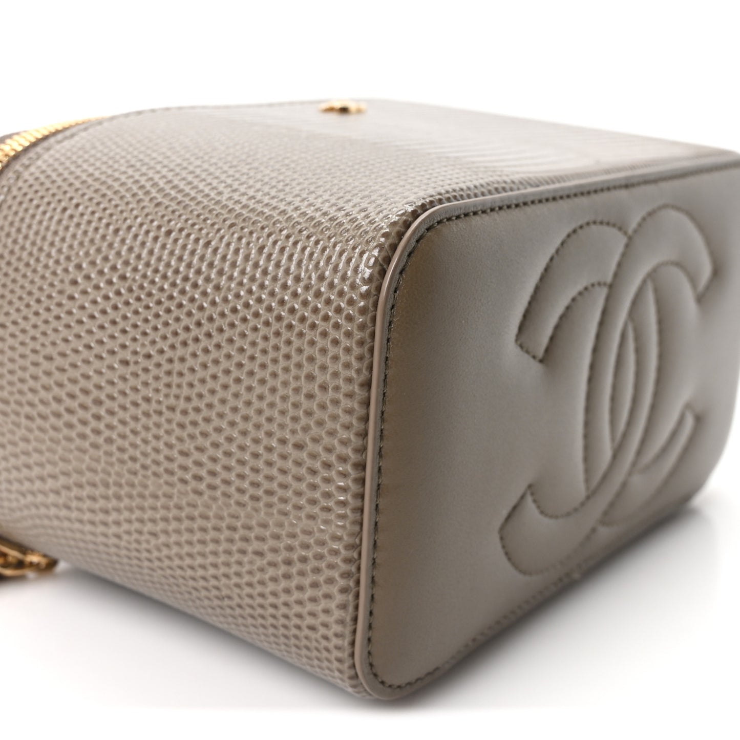 Calfskin Lizard Embossed Top Handle Vanity With Chain Dark Khaki
