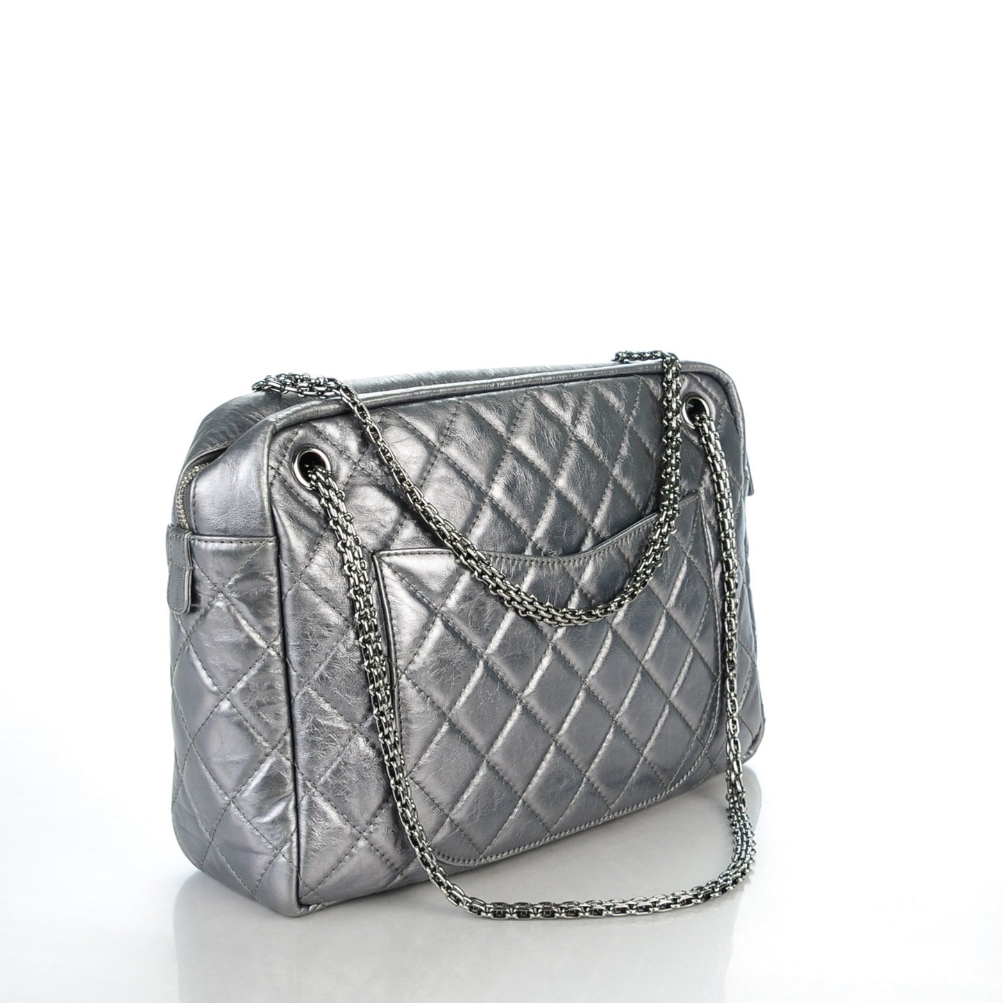 Metallic Aged Calfskin Quilted Large Reissue Camera Case Silver