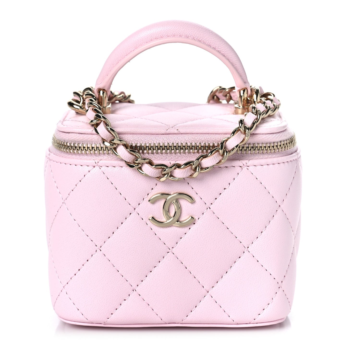 Lambskin Quilted Mini Top Handle Vanity Case With Chain Light Pink
