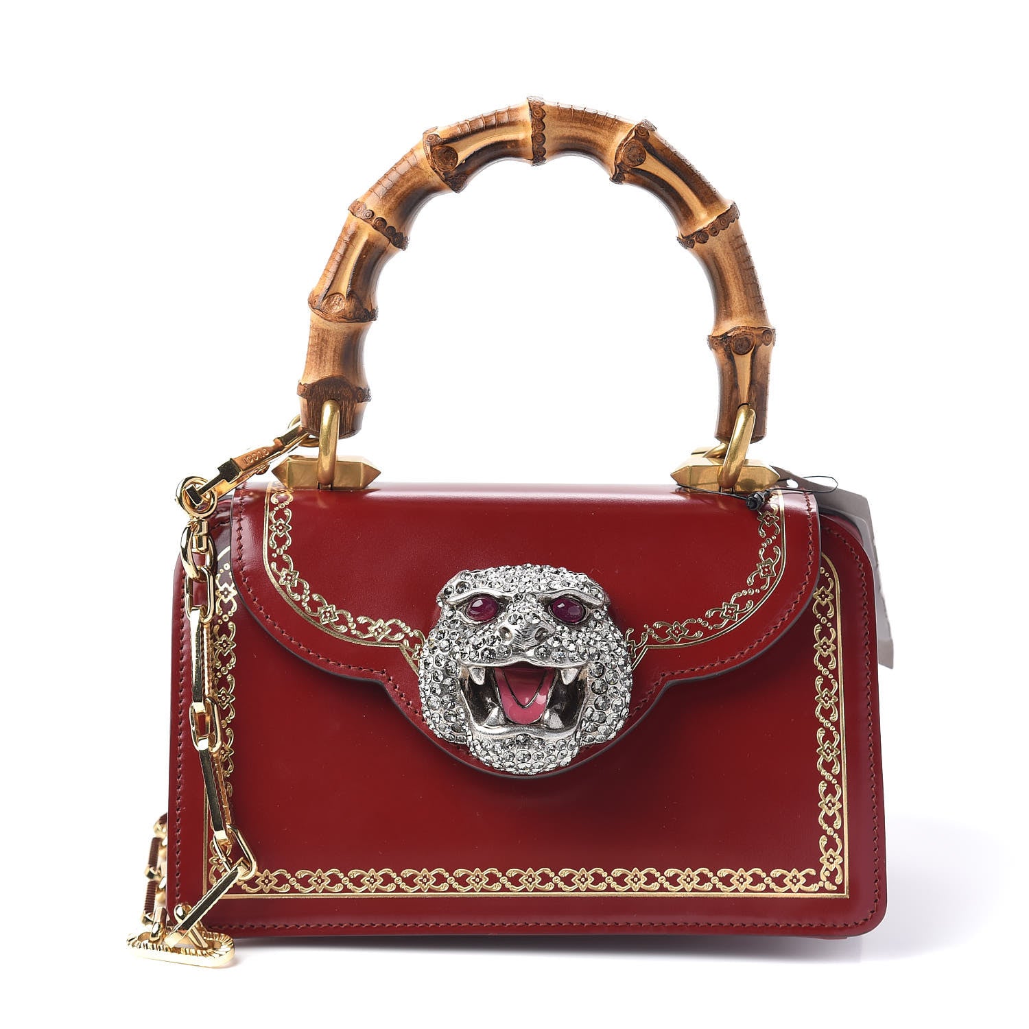 Gucci Calfskin Lisse Cornice Crystal Mini Thiara Top Handle Bag Cerise Red Gold Multicolor 1 of 10