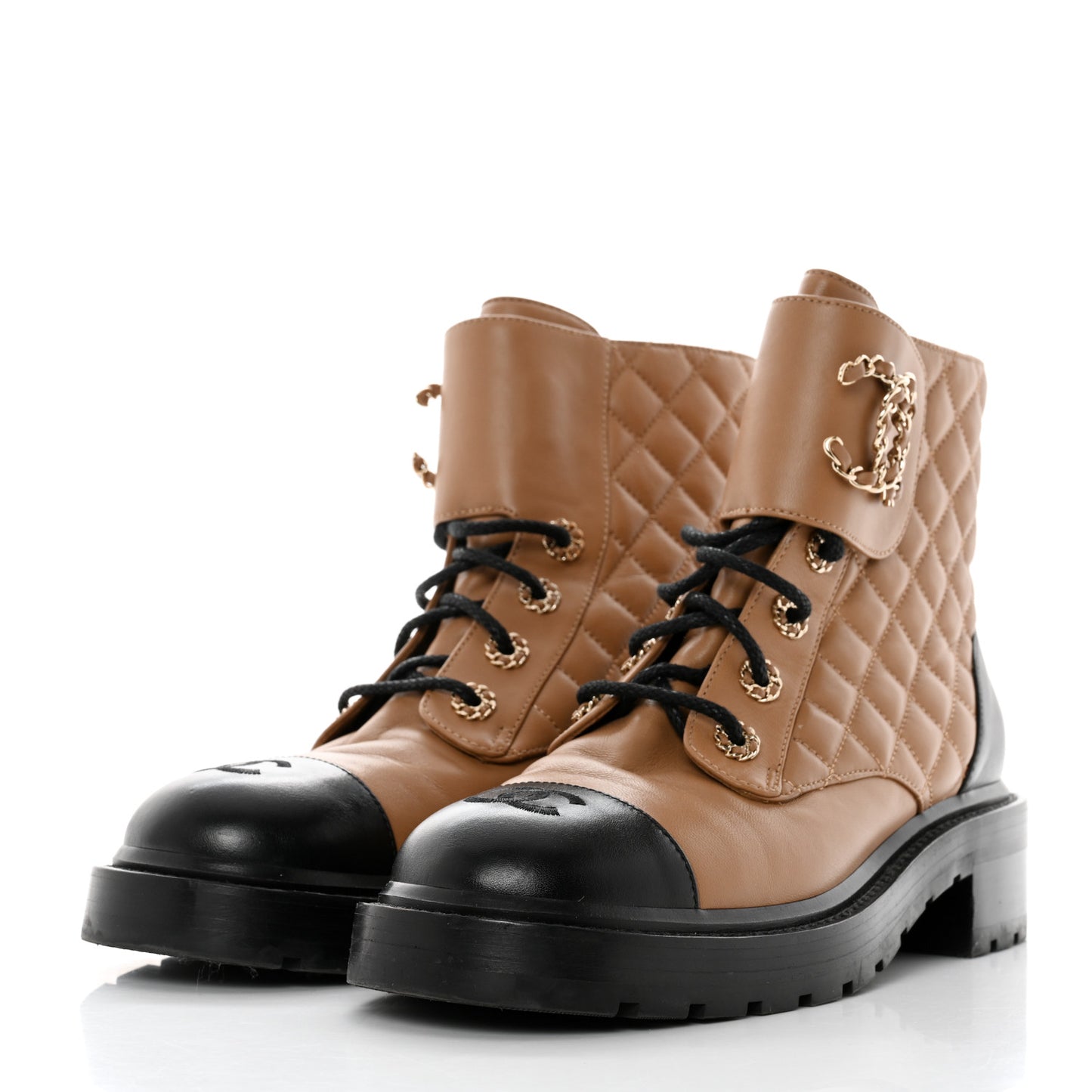 Lambskin Calfskin Quilted Lace Up Combat Boots 39.5 Light Brown Black