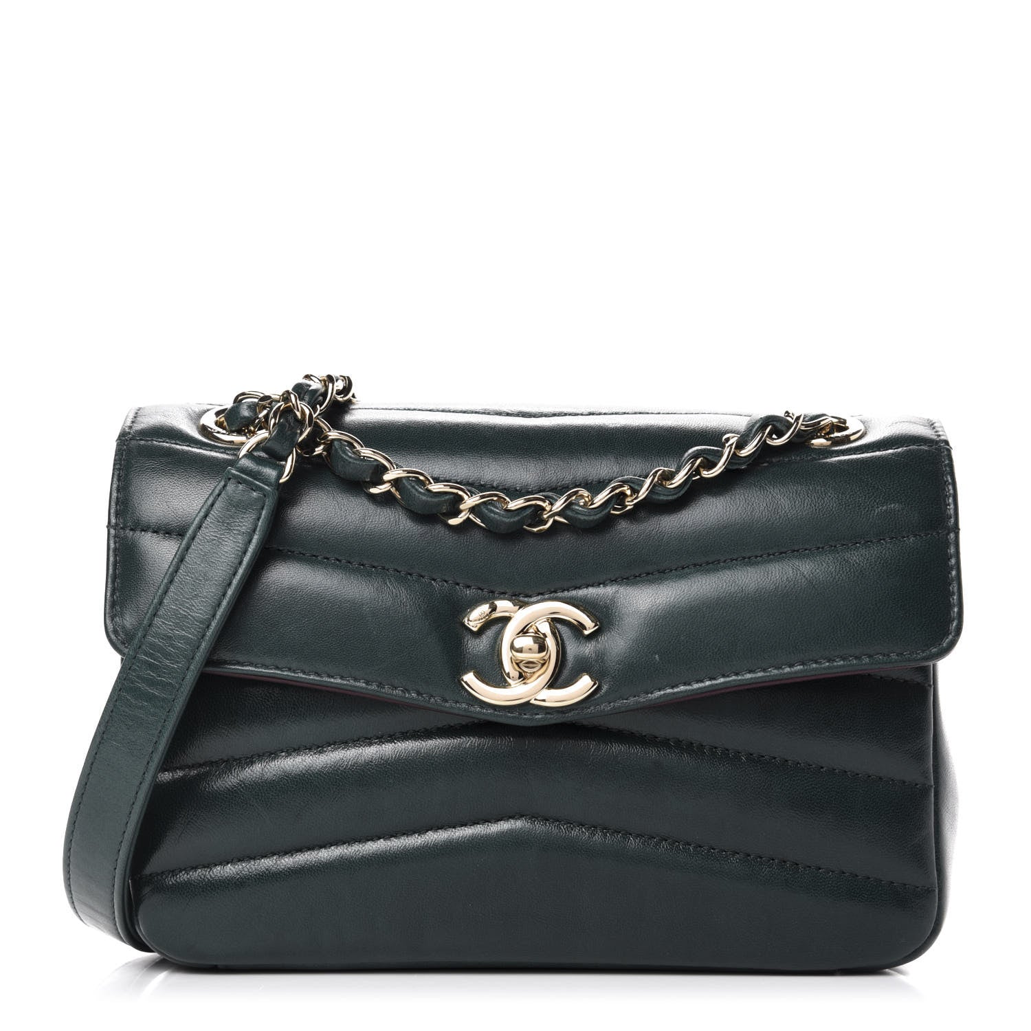 Chanel Shiny Lambskin Quilted Small Chevron Miroir Dark Green 1 of 10