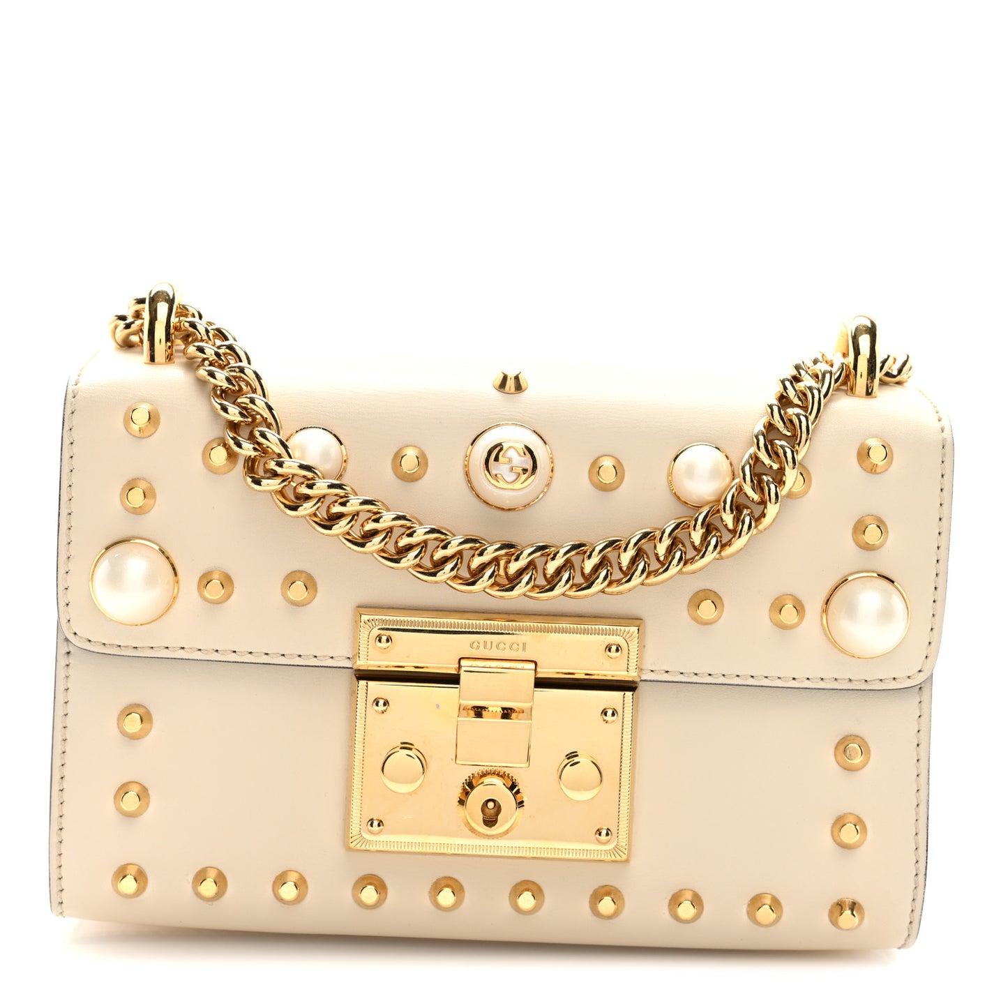 Calfskin Studded Small Padlock Shoulder Bag White