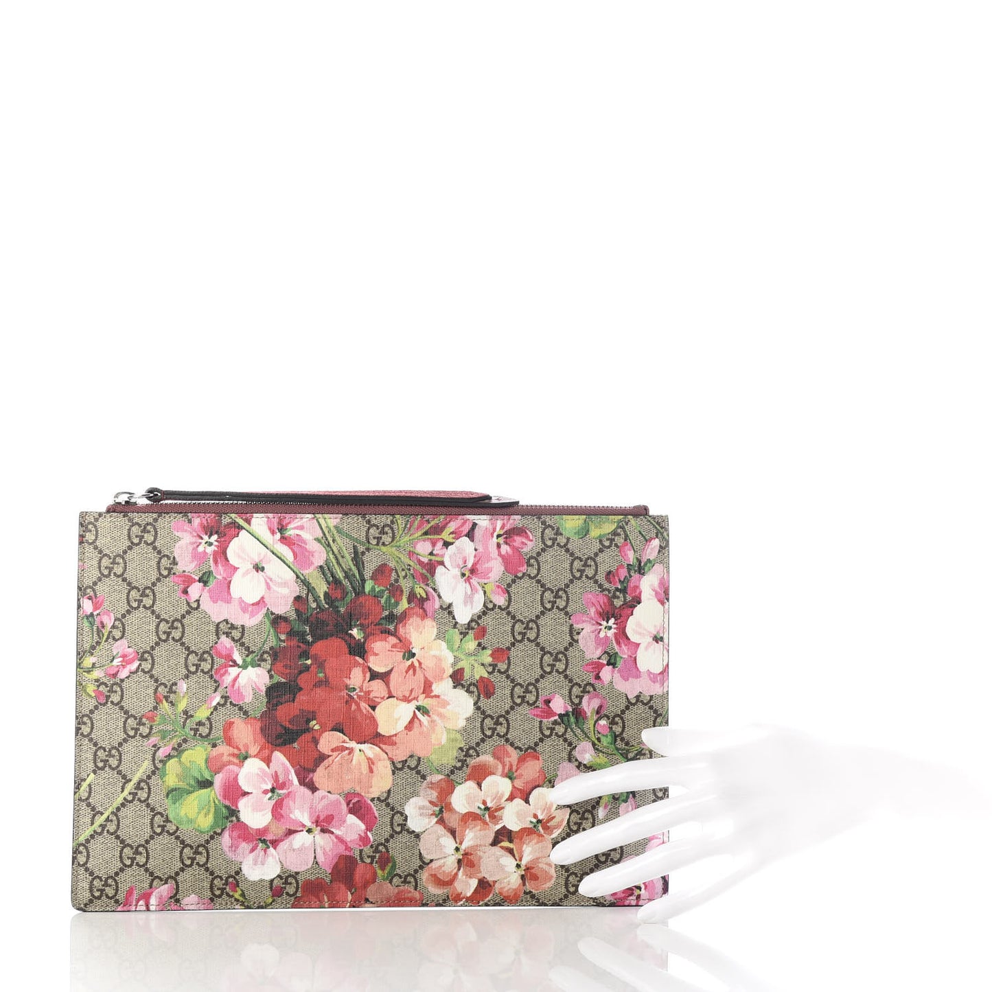 GG Supreme Monogram Blooms Suede Large Zip Pouch Beige Multicolor Dry Rose