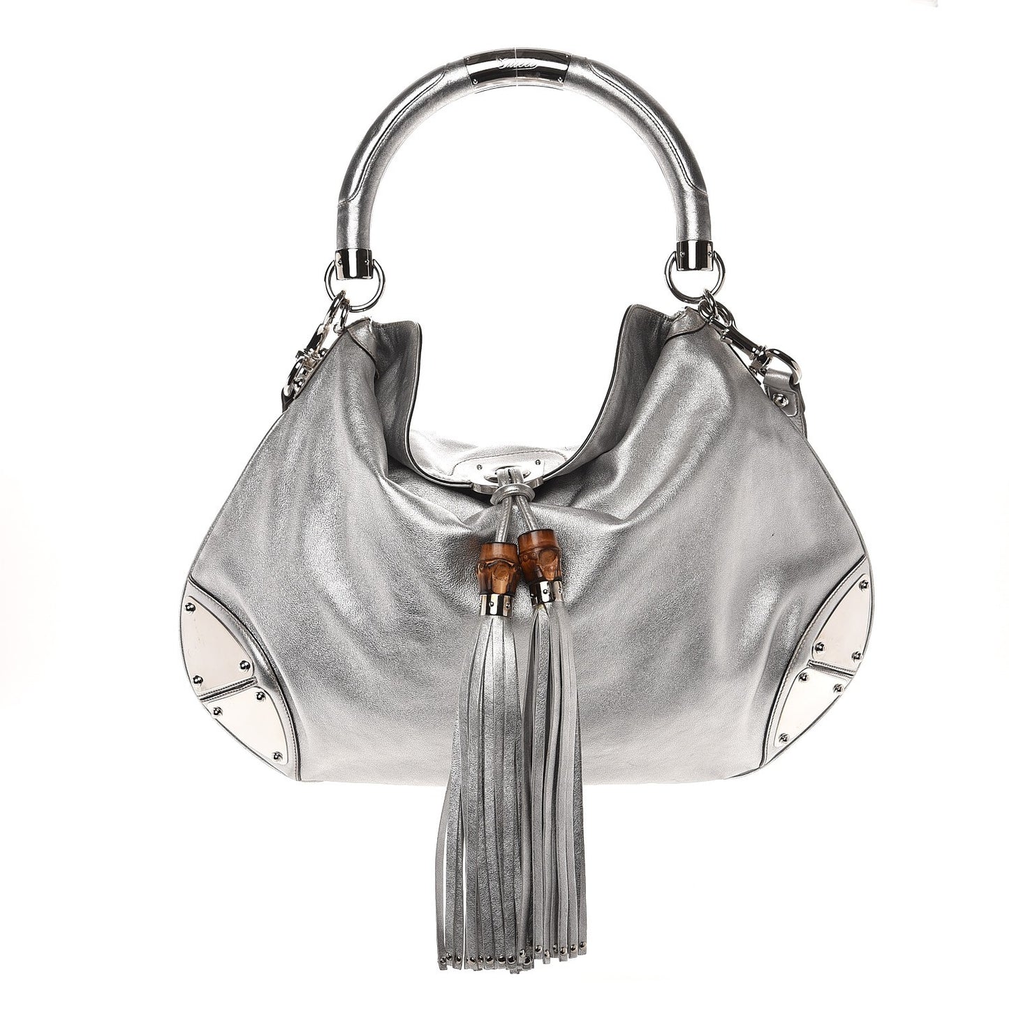 Metallic Calfskin Large Indy Top Handle Hobo Silver