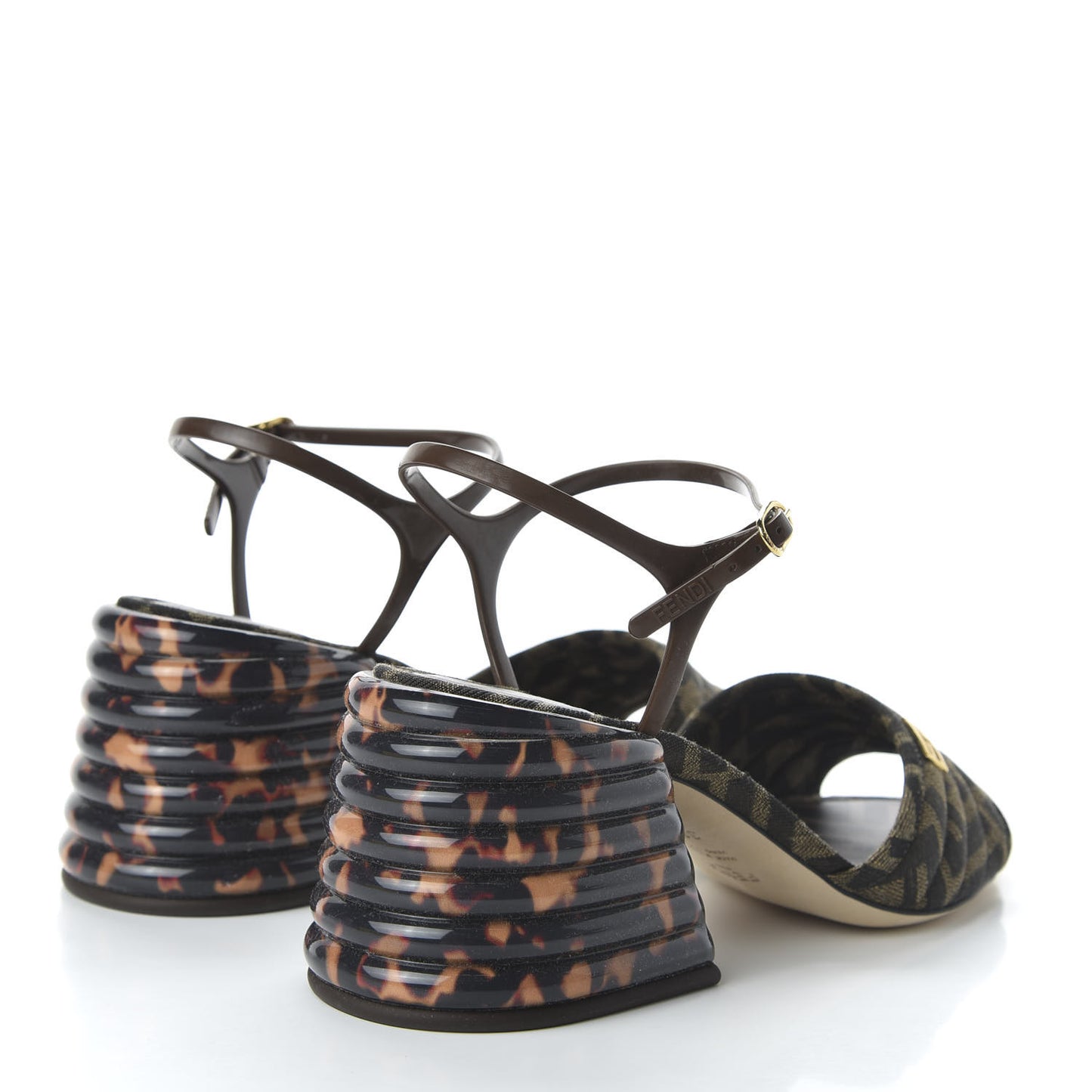 Jacquard Calfskin FF Tortoise Promenade Slingback Sandals 38.5 Tobacco