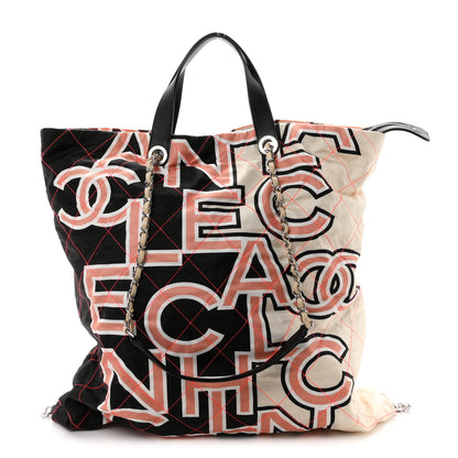 Chanel Nylon Stitched Printed Logo Shopping Bag Black White 2 of 21