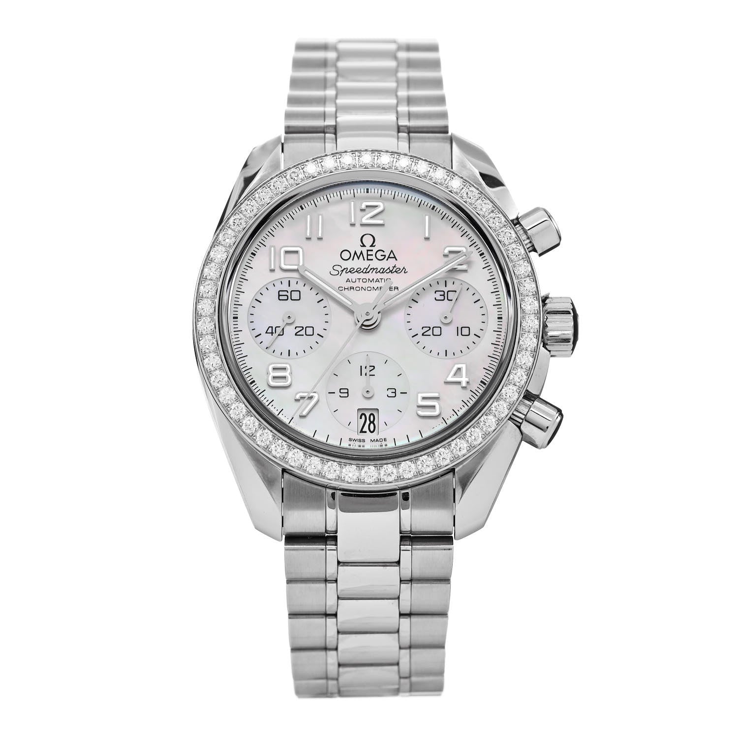 Omega Stainless Steel Diamond Bezel Mother of Pearl 38mm Speedmaster Chronograph Automatic Watch 324.15.38.40.05.001 1 of 5
