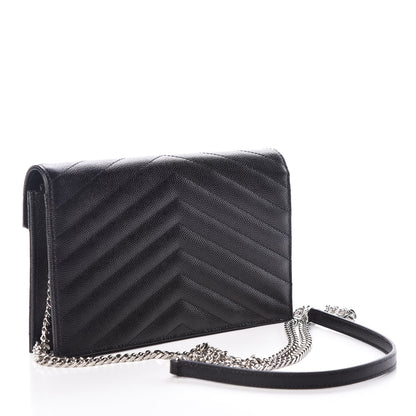 Saint Laurent Grain De Poudre Matelasse Chevron Monogram Envelope Chain Wallet Black 3 of 9
