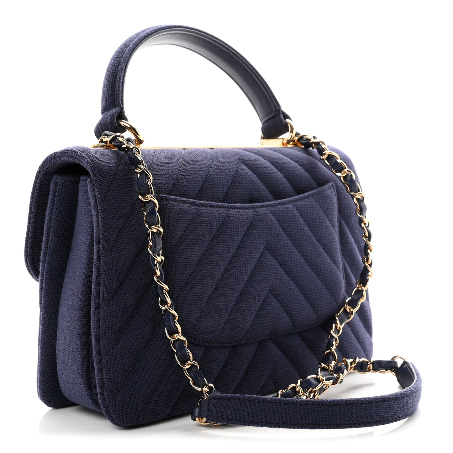 Jersey Chevron Quilted Small Trendy CC Dual Handle Flap Bag Navy Blue