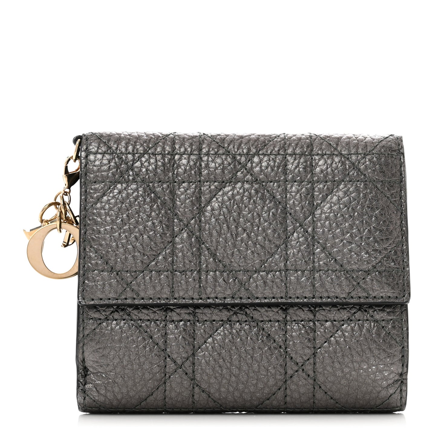 Metallic Grained Calfskin Cannage Lady Dior French Wallet Gunmetal