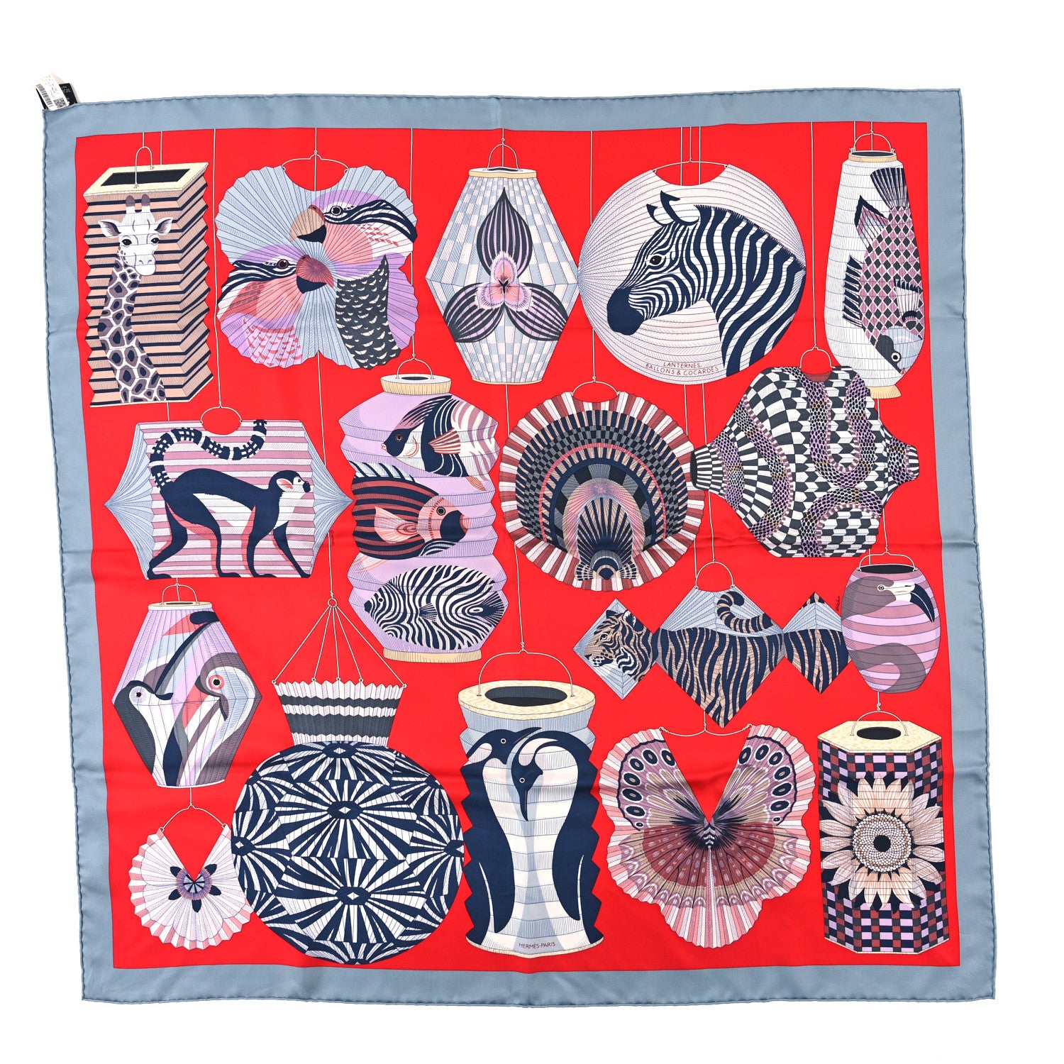 Hermes Silk Lanternes Ballons et Cocardes Scarf 90 Gris Rouge Mauve 1 of 4