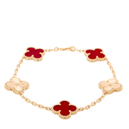 Van Cleef & Arpels 18K Rose Gold Carnelian 5 Motifs Guilloche Vintage Alhambra Bracelet 1 of 4
