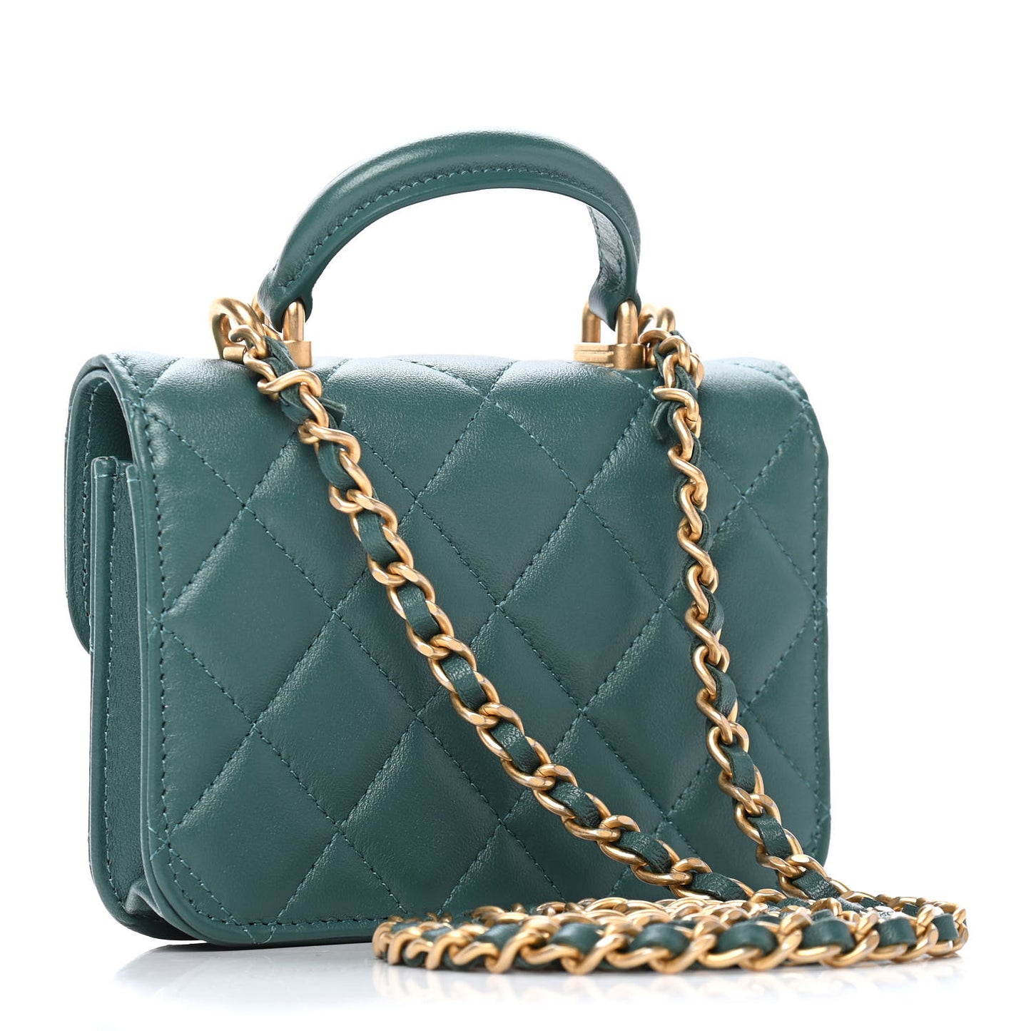 Lambskin Quilted Top Handle Flap Coin Purse With Chain Green