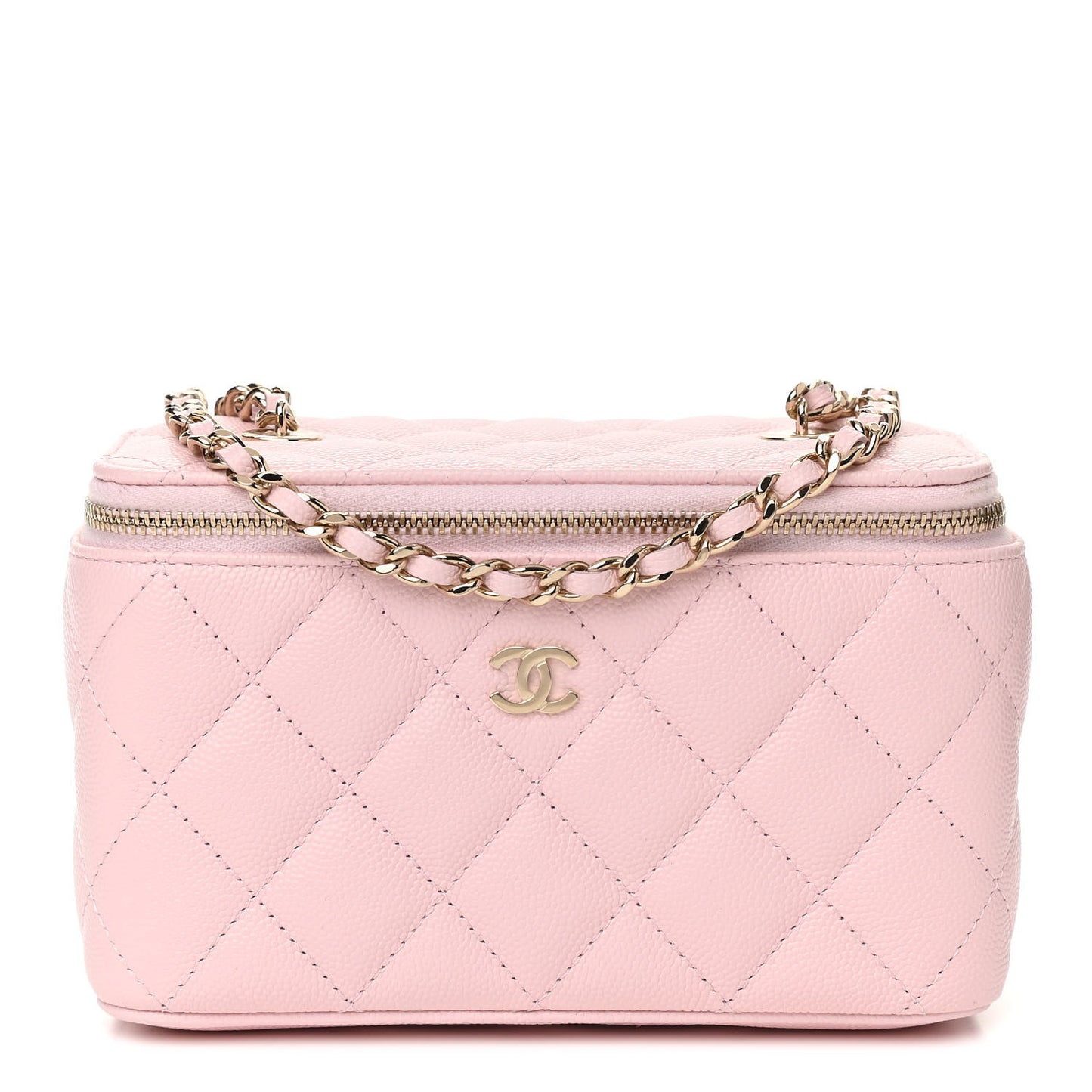 Caviar Quilted Small Vanity Case With Chain Light Pink
