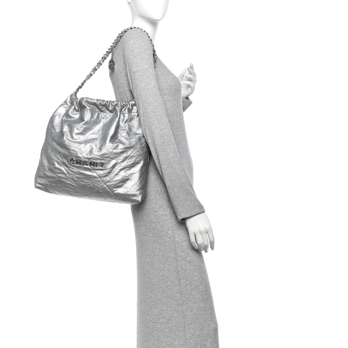 Metallic Calfskin Quilted Chanel 22 Silver