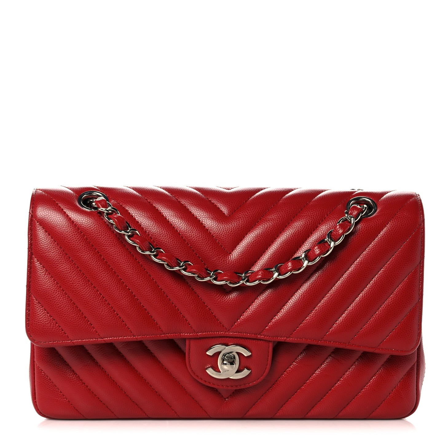 Caviar Chevron Quilted Medium Double Flap Red