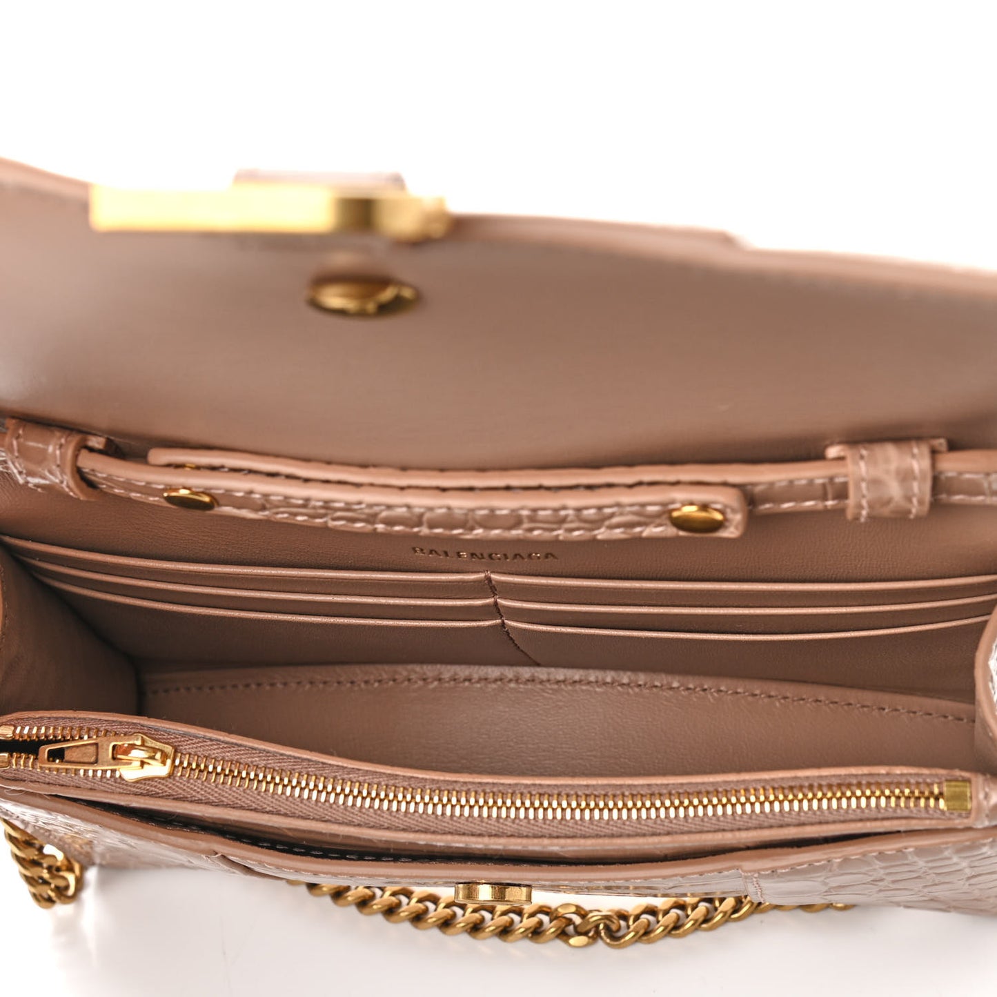 Shiny Calfskin Crocodile Embossed Hourglass Chain Bag Nude Beige