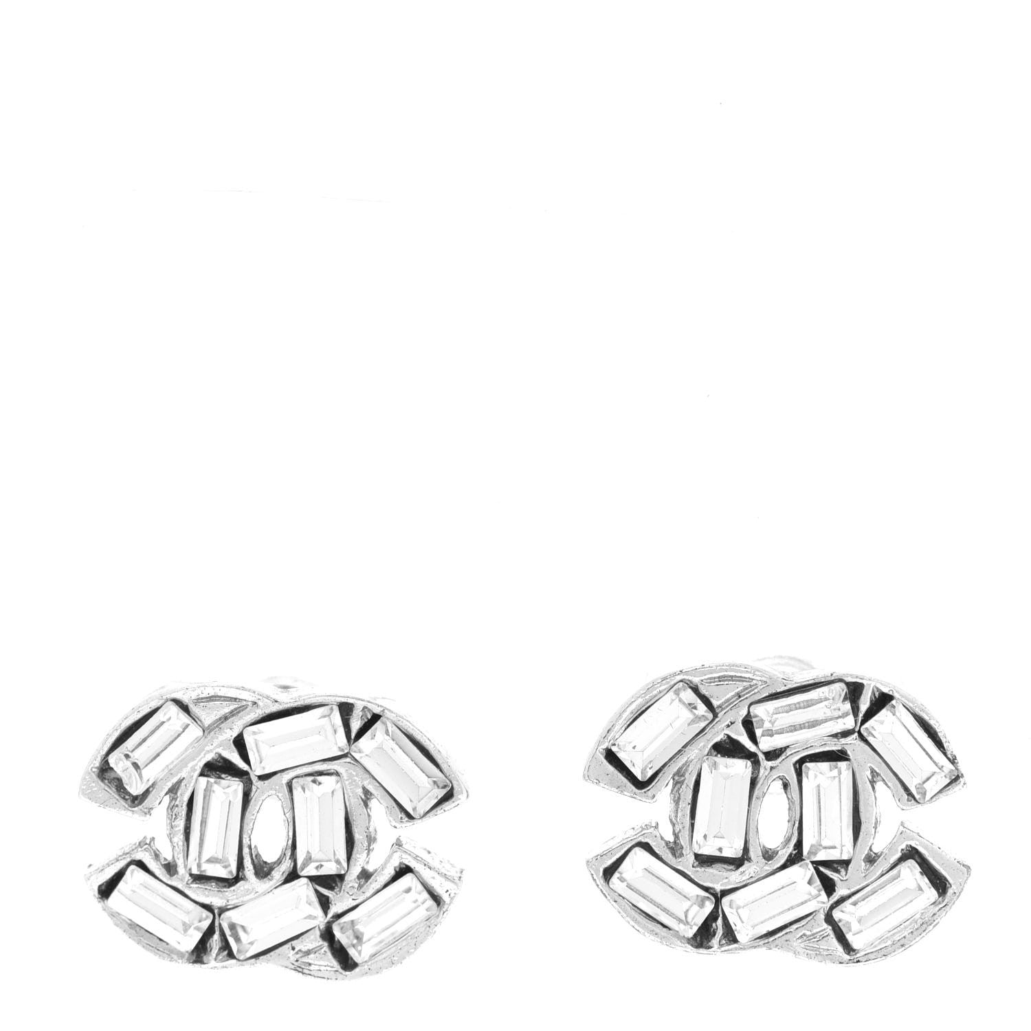 Chanel Crystal Baguette CC Earrings Silver Grey 1 of 5