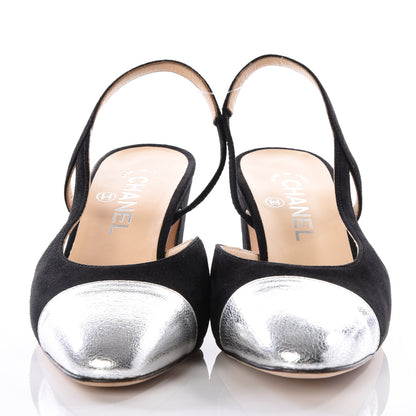 Chanel Kid Suede Metallic Lambskin Cap Toe CC Slingback Pumps 37.5 Black Silver 3 of 11
