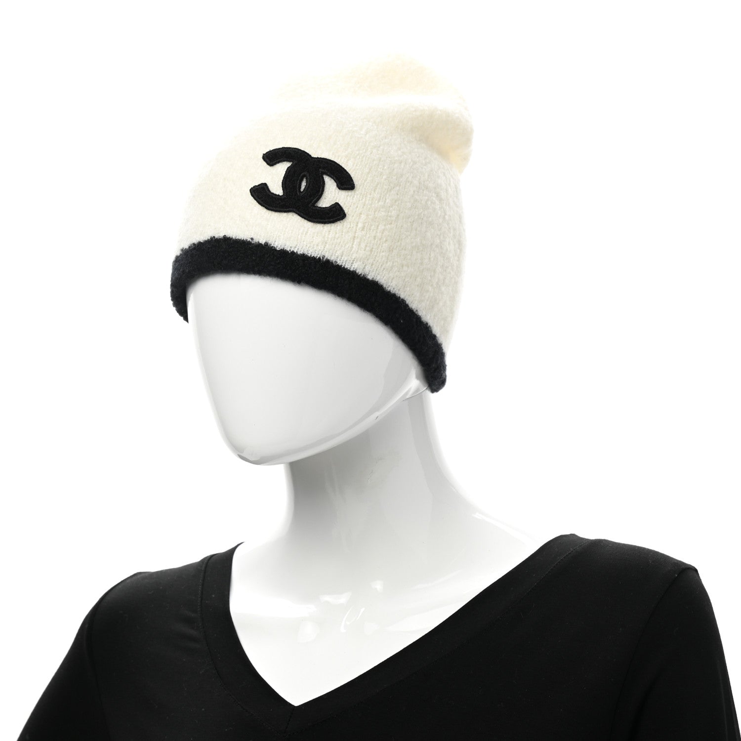 Chanel Cashmere Silk CC Beanie Hat White Black 2 of 4