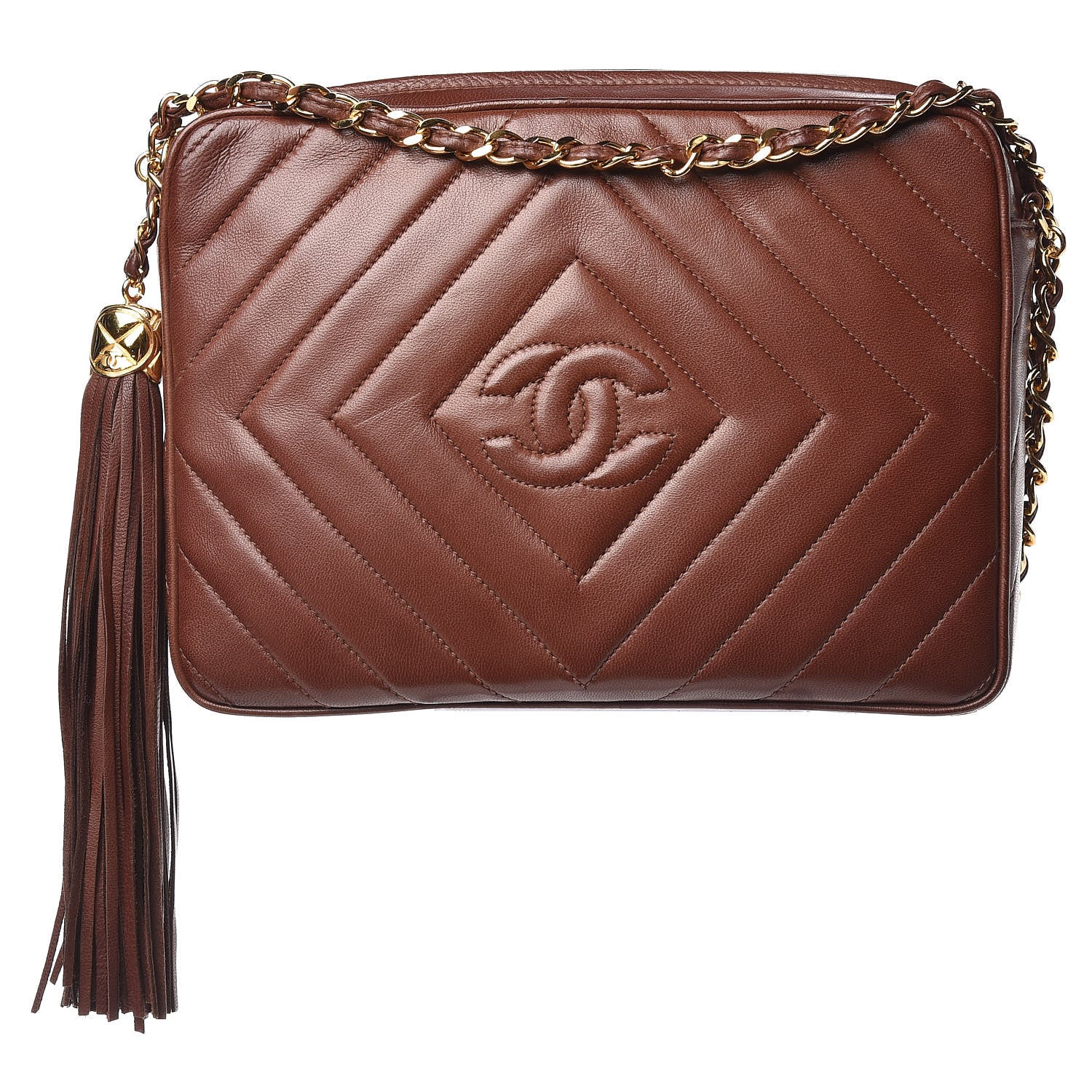 Chanel Lambskin Chevron Quilted Tassel Camera Case Brown 1 of 12