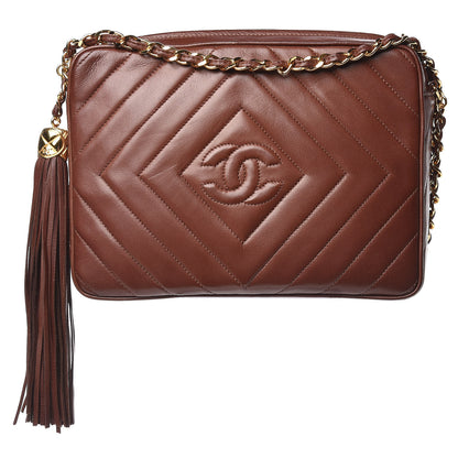 Chanel Lambskin Chevron Quilted Tassel Camera Case Brown 1 of 12
