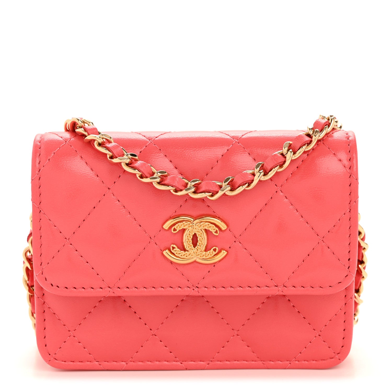 Chanel Shiny Lambskin Quilted Card Holder On Chain Pink 8 of 11