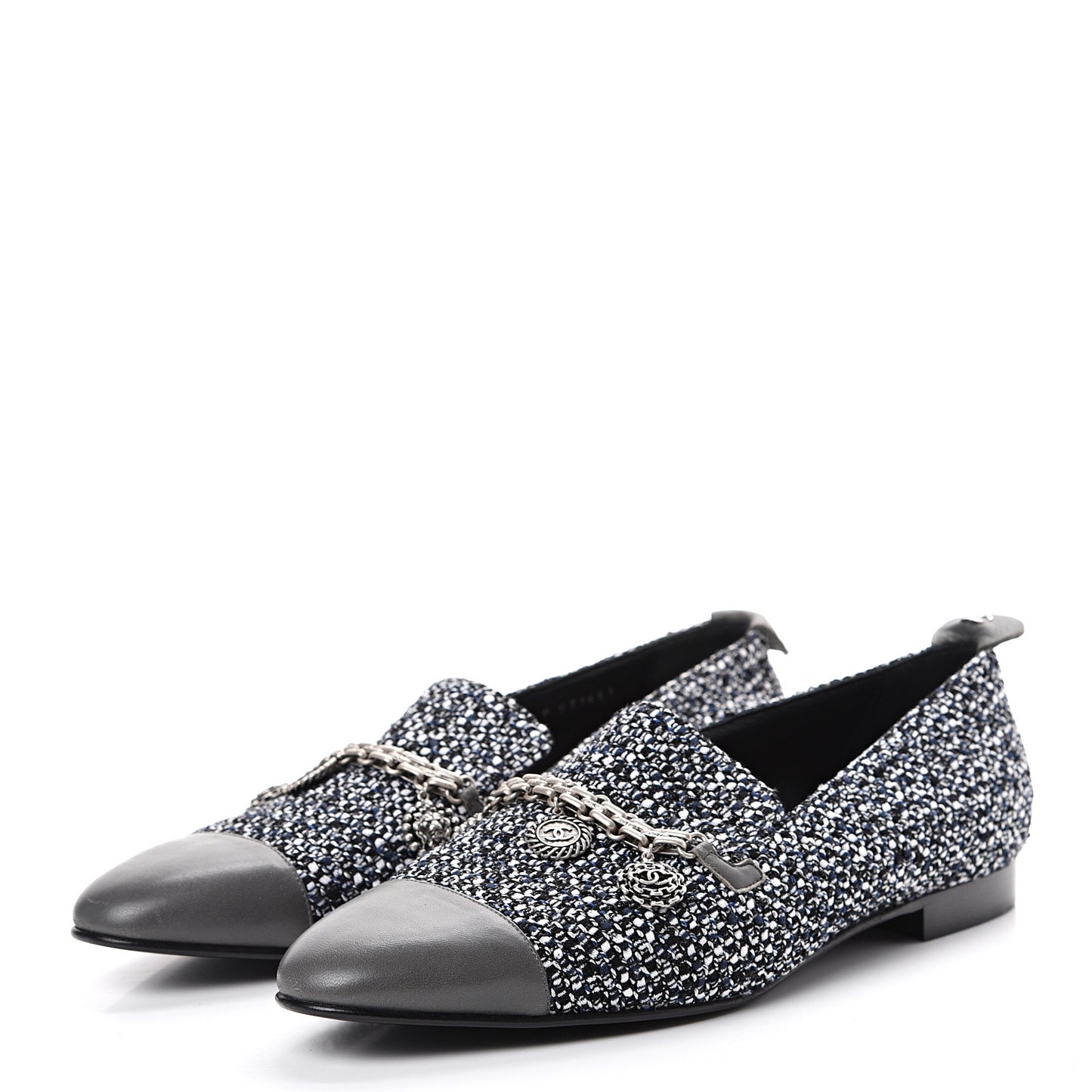 Tweed Lambskin Cap Toe Charm Loafers 42 Black Multicolor
