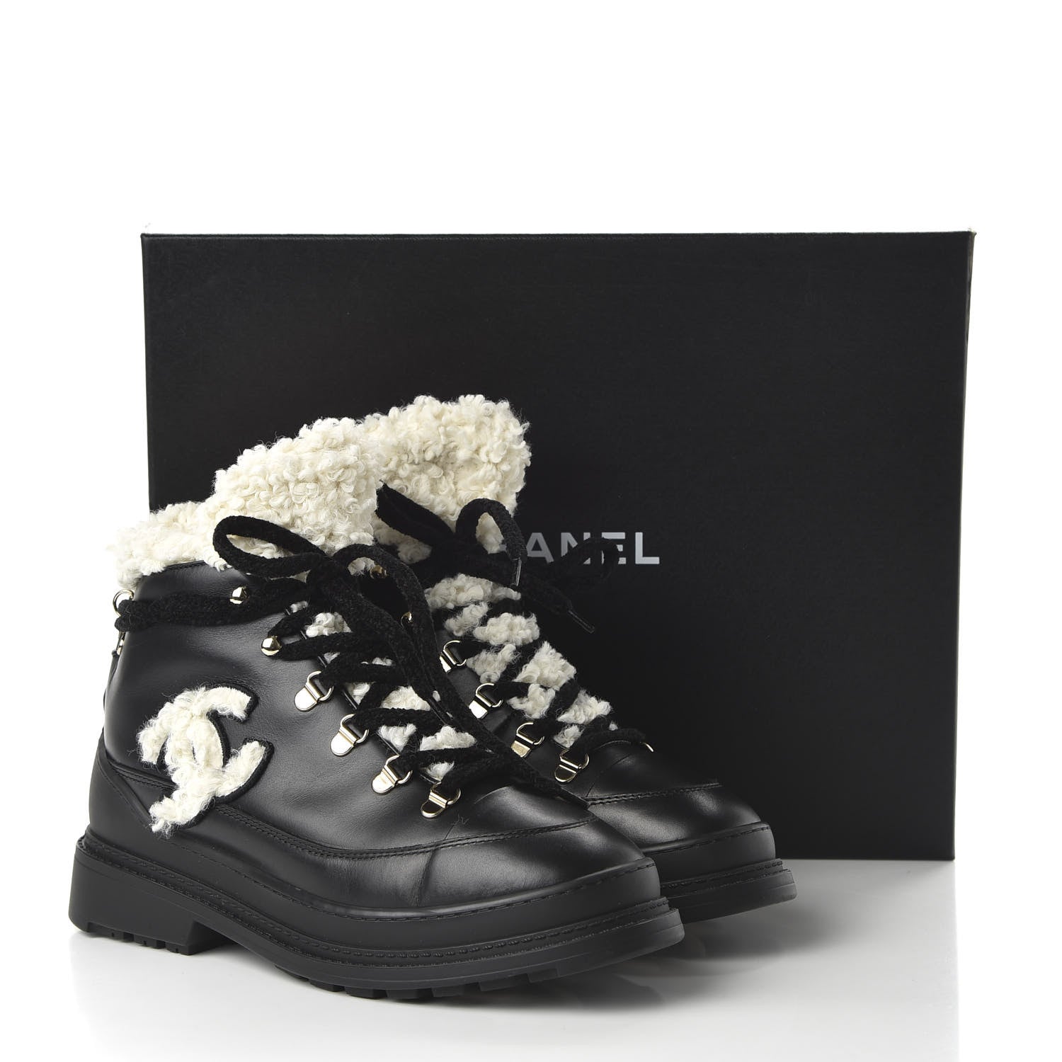 Chanel Calfskin Shearling CC Lace Up Boots 39.5 Black 7 of 7