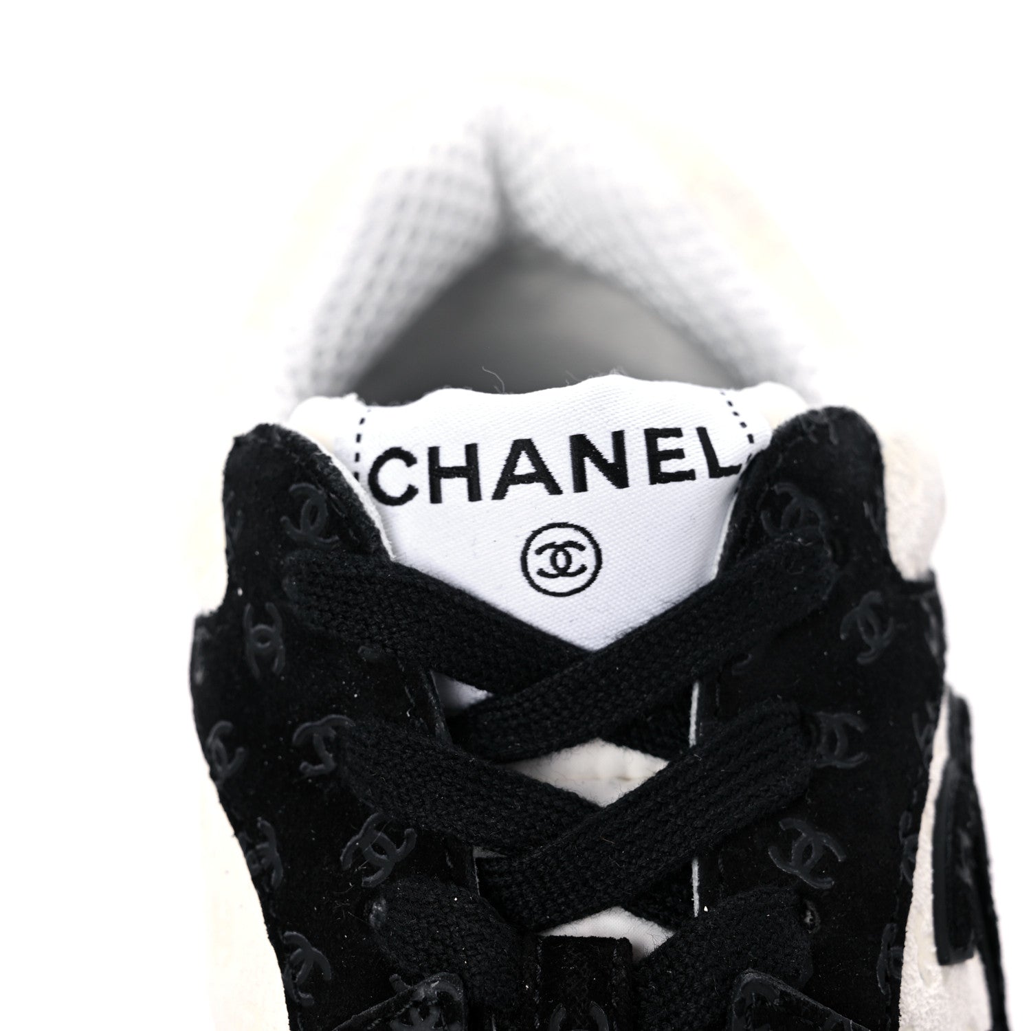 Chanel Suede Calfskin Womens CC Printed Sneakers 37.5 White Black 7 of 9