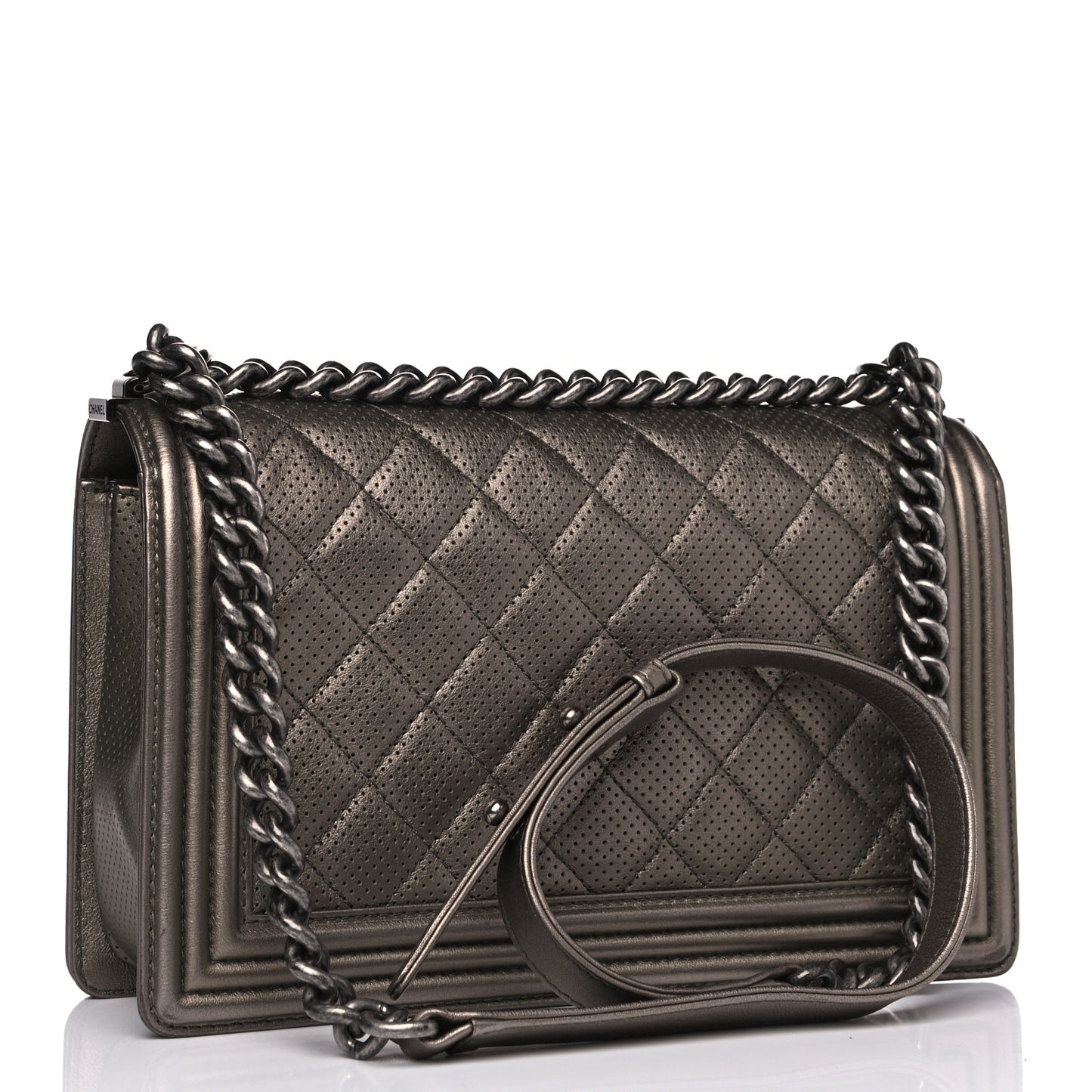 Metallic Lambskin Perforated New Medium Boy Flap Dark Silver