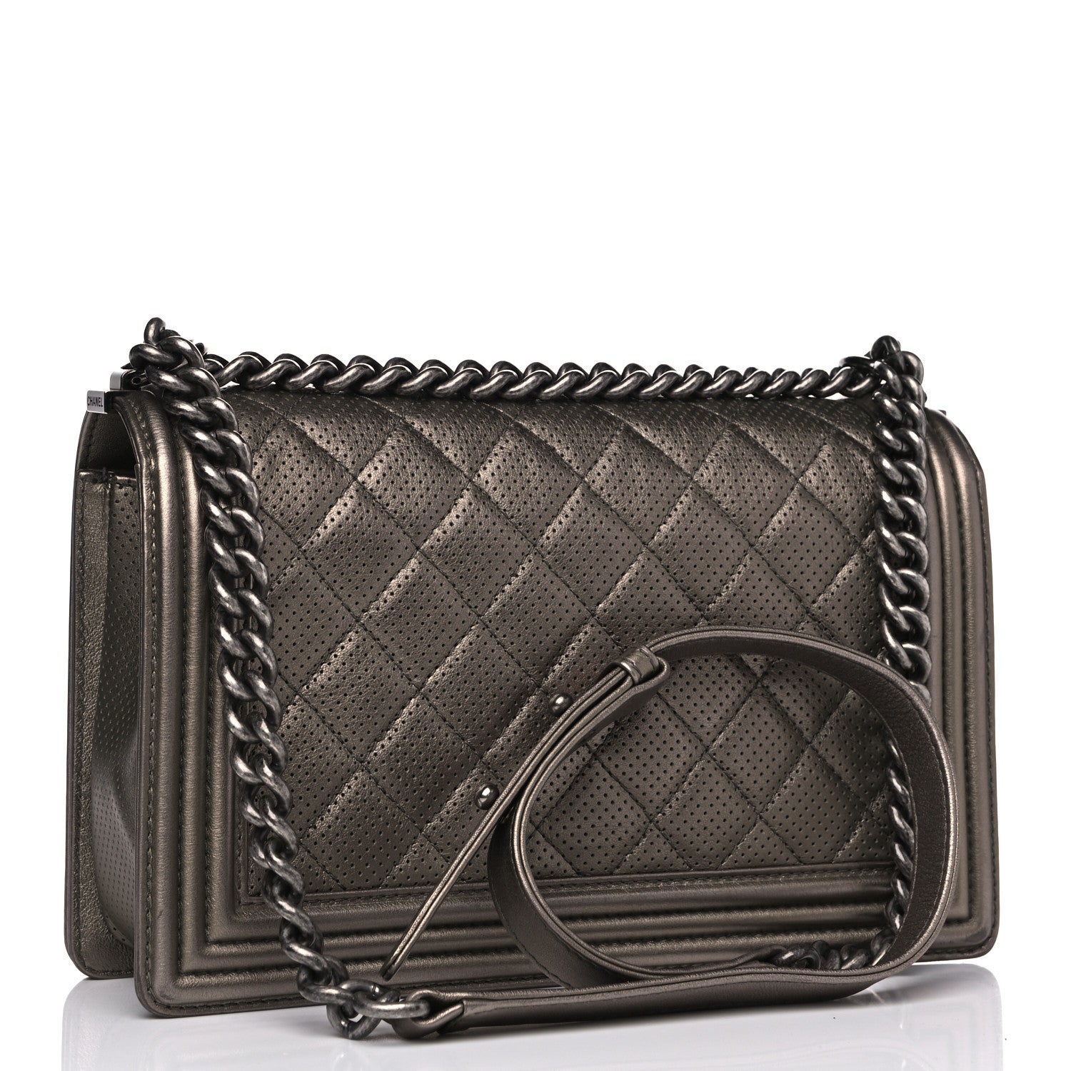 Chanel Metallic Lambskin Perforated New Medium Boy Flap Dark Silver 2 of 10