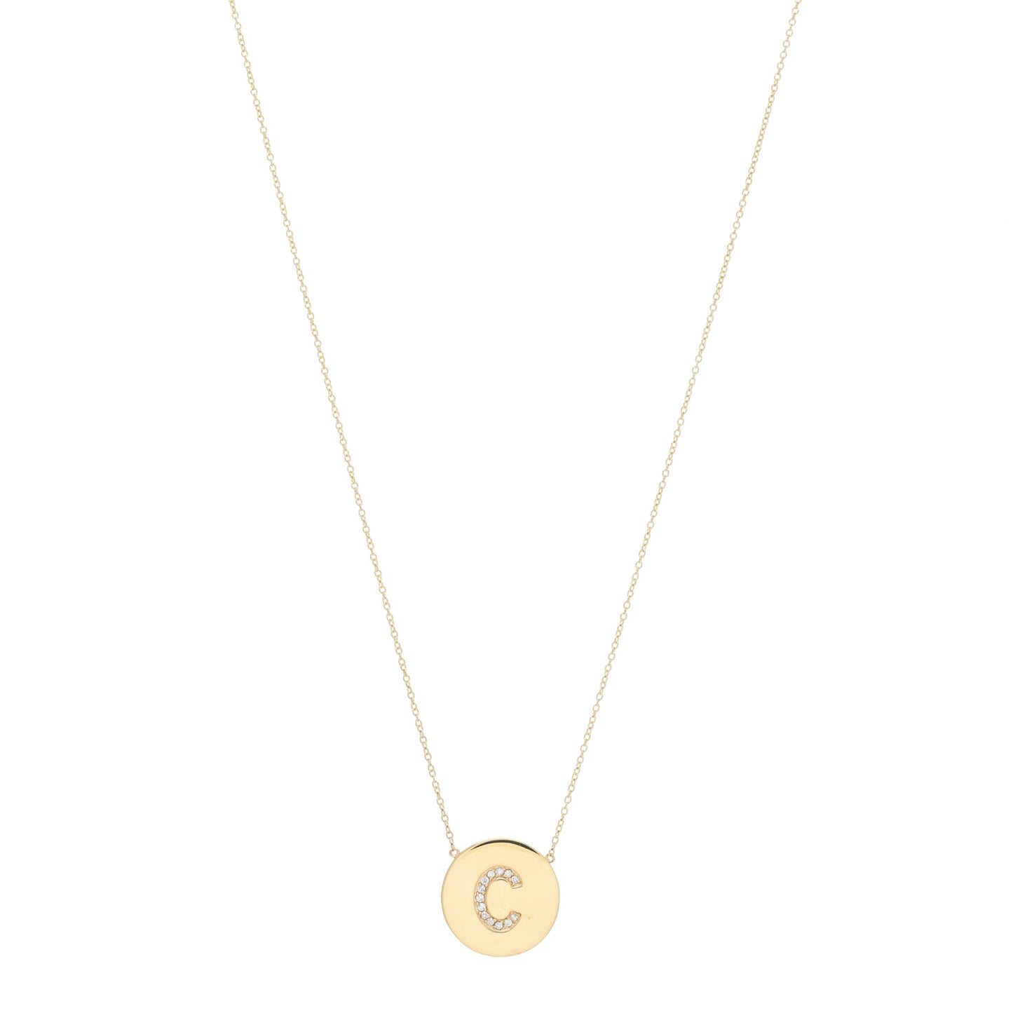 18K Yellow Gold Diamond Letter C Disc Necklace