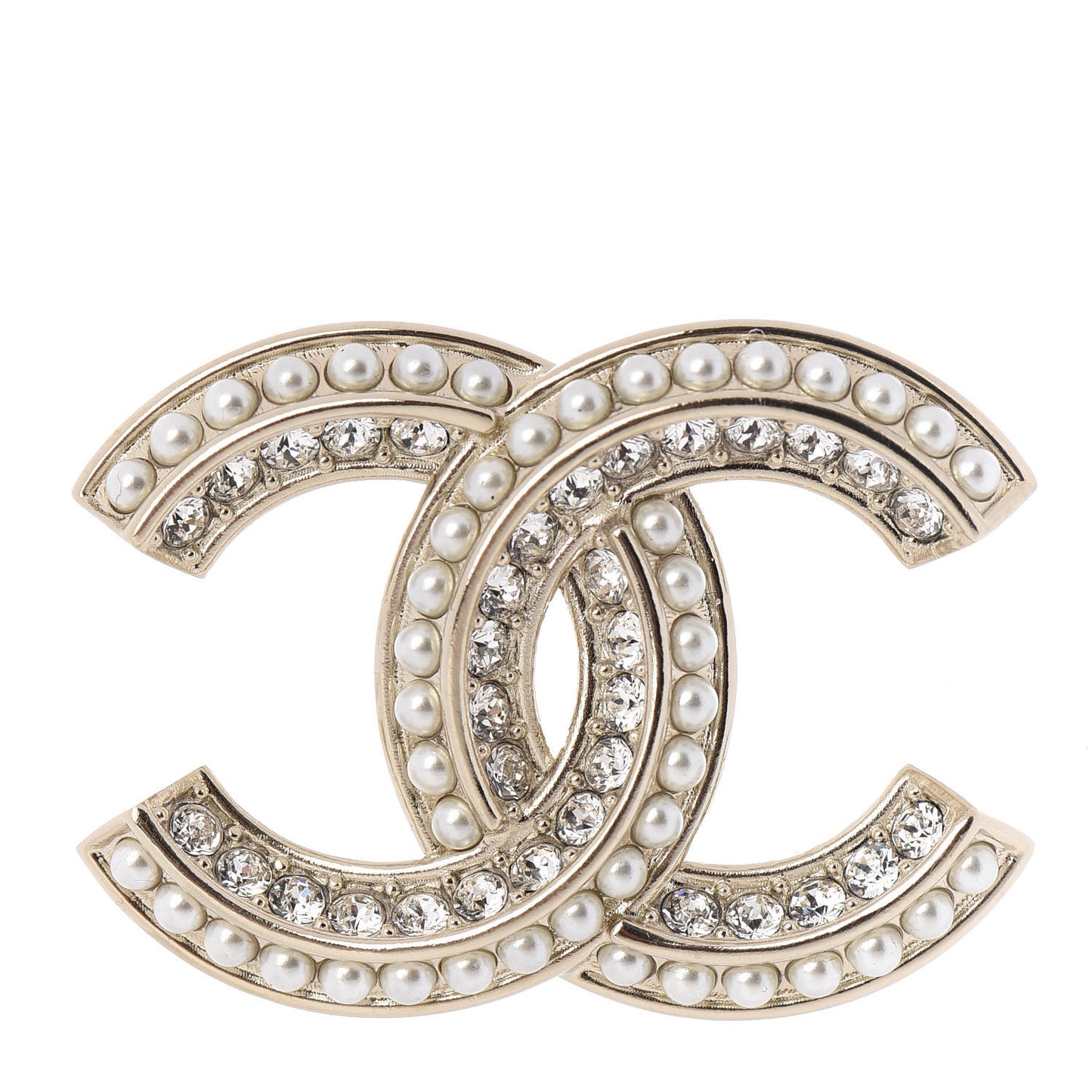 Crystal Pearl Chain Mania CC Brooch Gold
