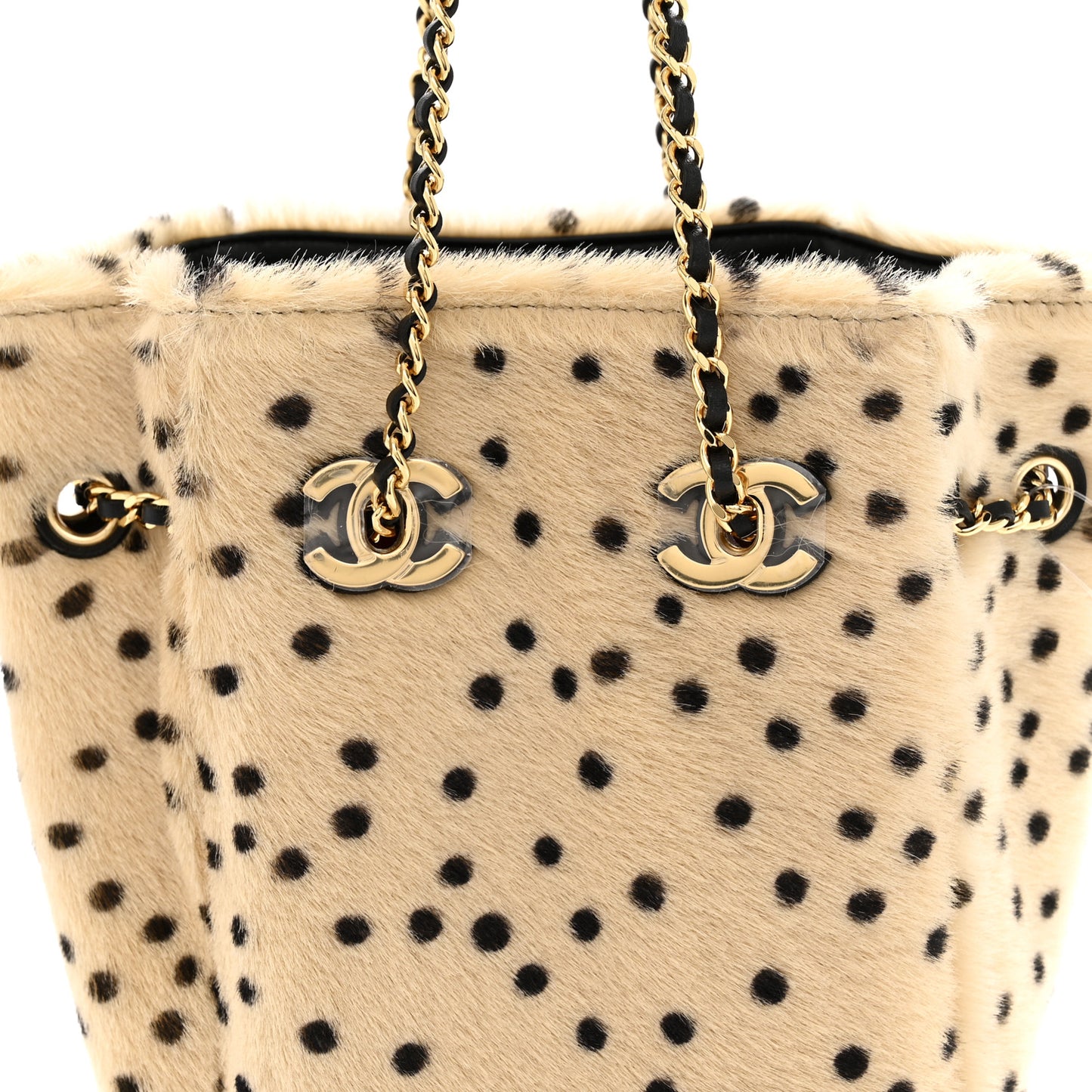 Pony Hair Cheetah Printed CC Chain Bucket Bag Light Beige Black