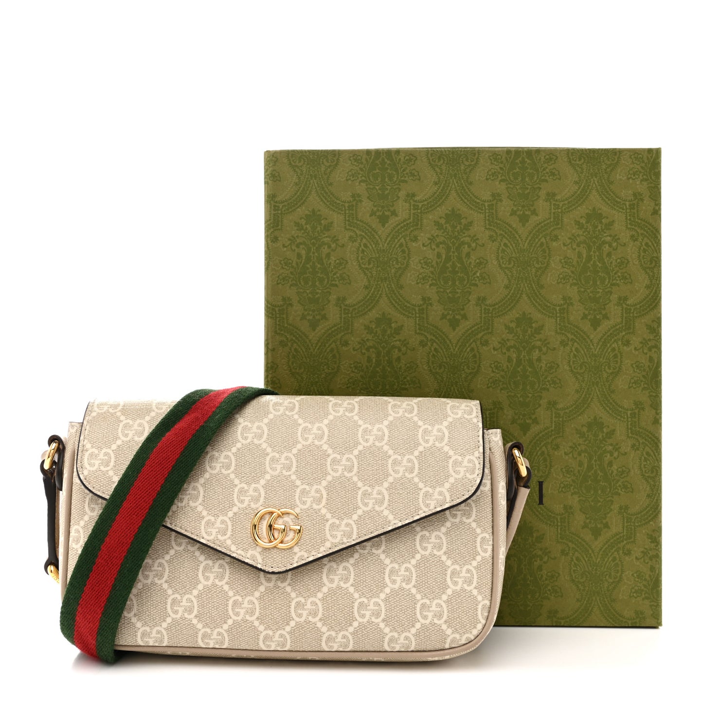 GG Supreme Monogram Textured Dollar Calfskin Web Mini Ophidia Envelope Shoulder Bag Beige Mystic White Oatmeal