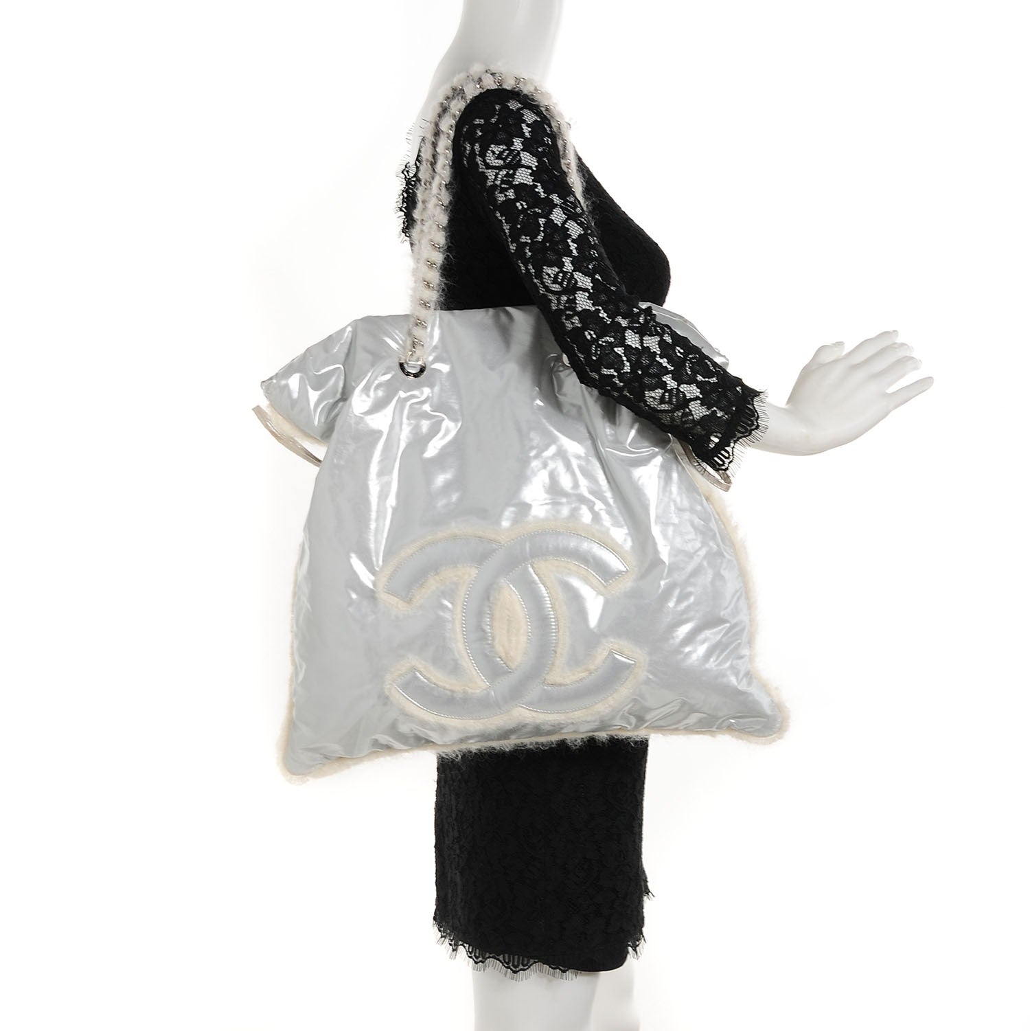 Chanel Vinyl Mohair Trimmed CC Bonbons Tote Silver 2 of 7