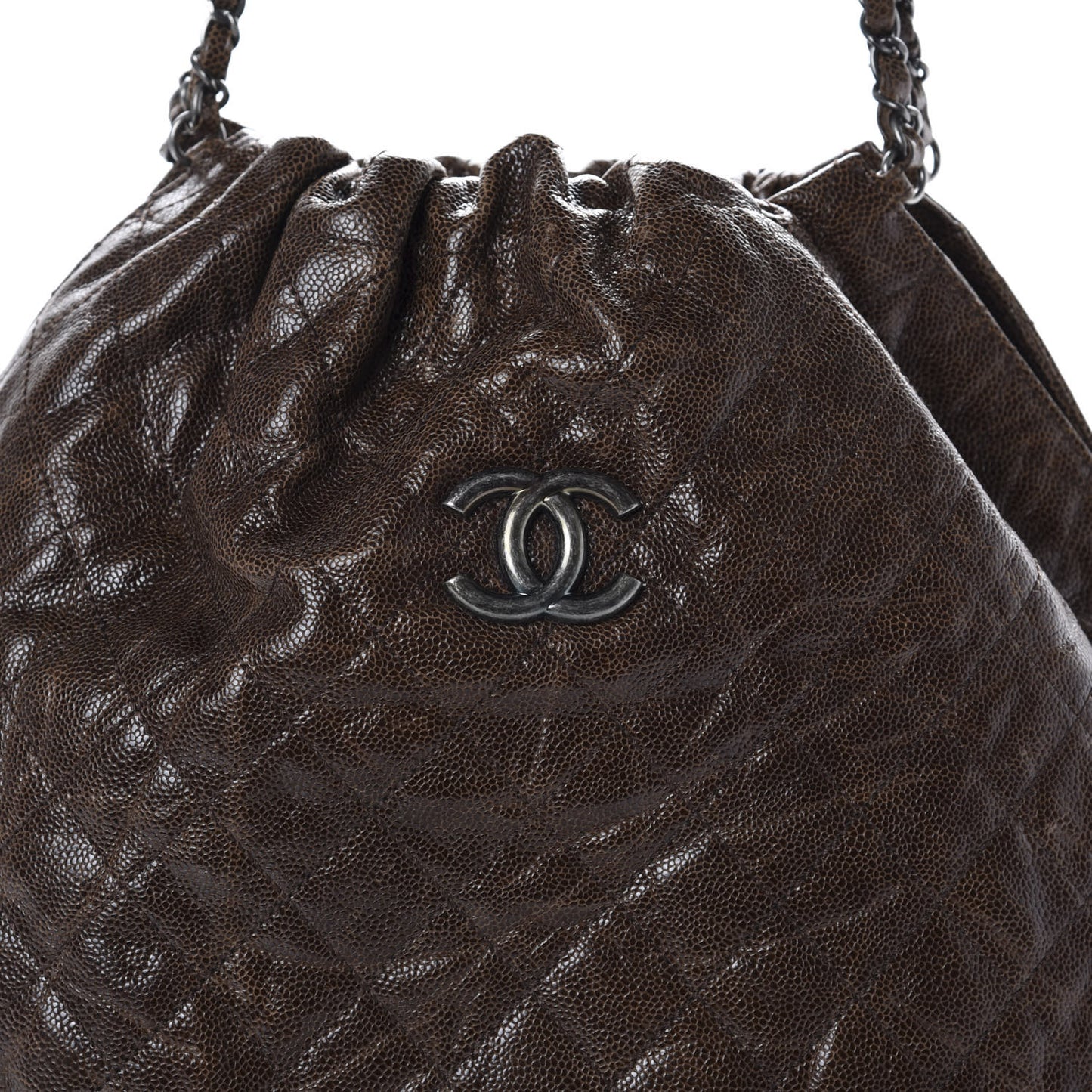 Distressed Glazed Caviar Quilted Large Elastic Tote Brown