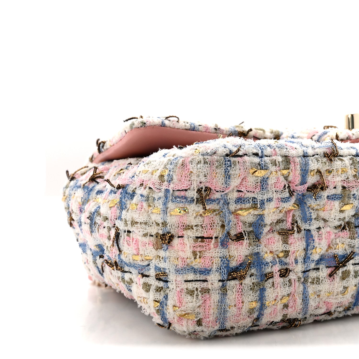 Chanel Tweed Quilted Mini Rectangular Flap Light Blue Pink Gold White 9 of 11