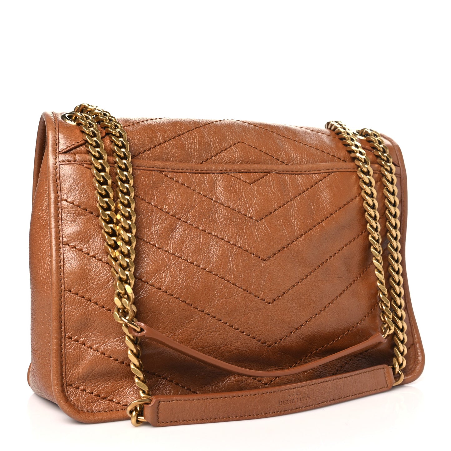 Crinkled Calfskin Matelasse Monogram Medium Niki Chain Satchel Caramel